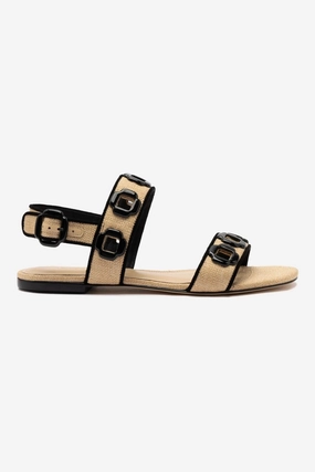 Flex grooves Orthopedic Footbed System Milan Flat Sandal In Beige Raffia and Black Trimming