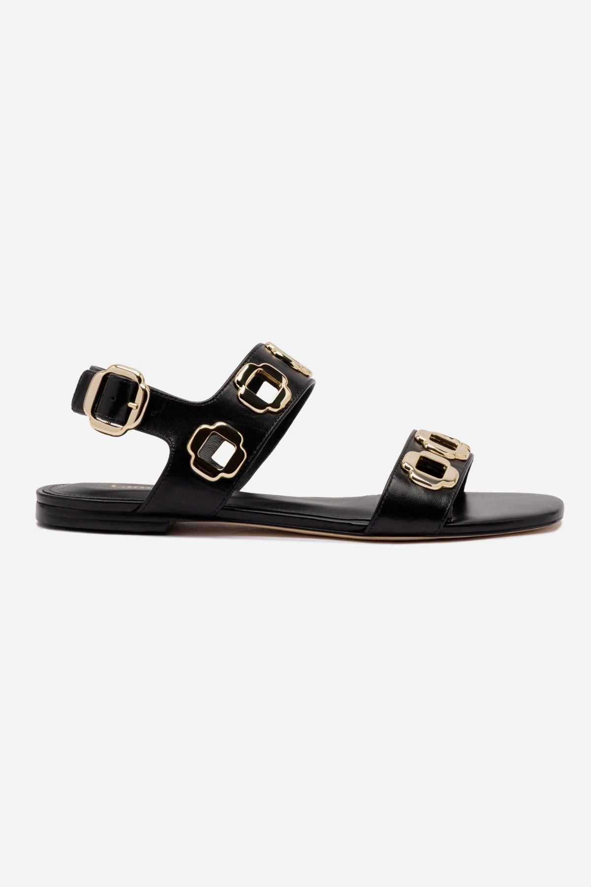 Milan Flat Sandal In Black Leather Fantasy Path Ankle Support