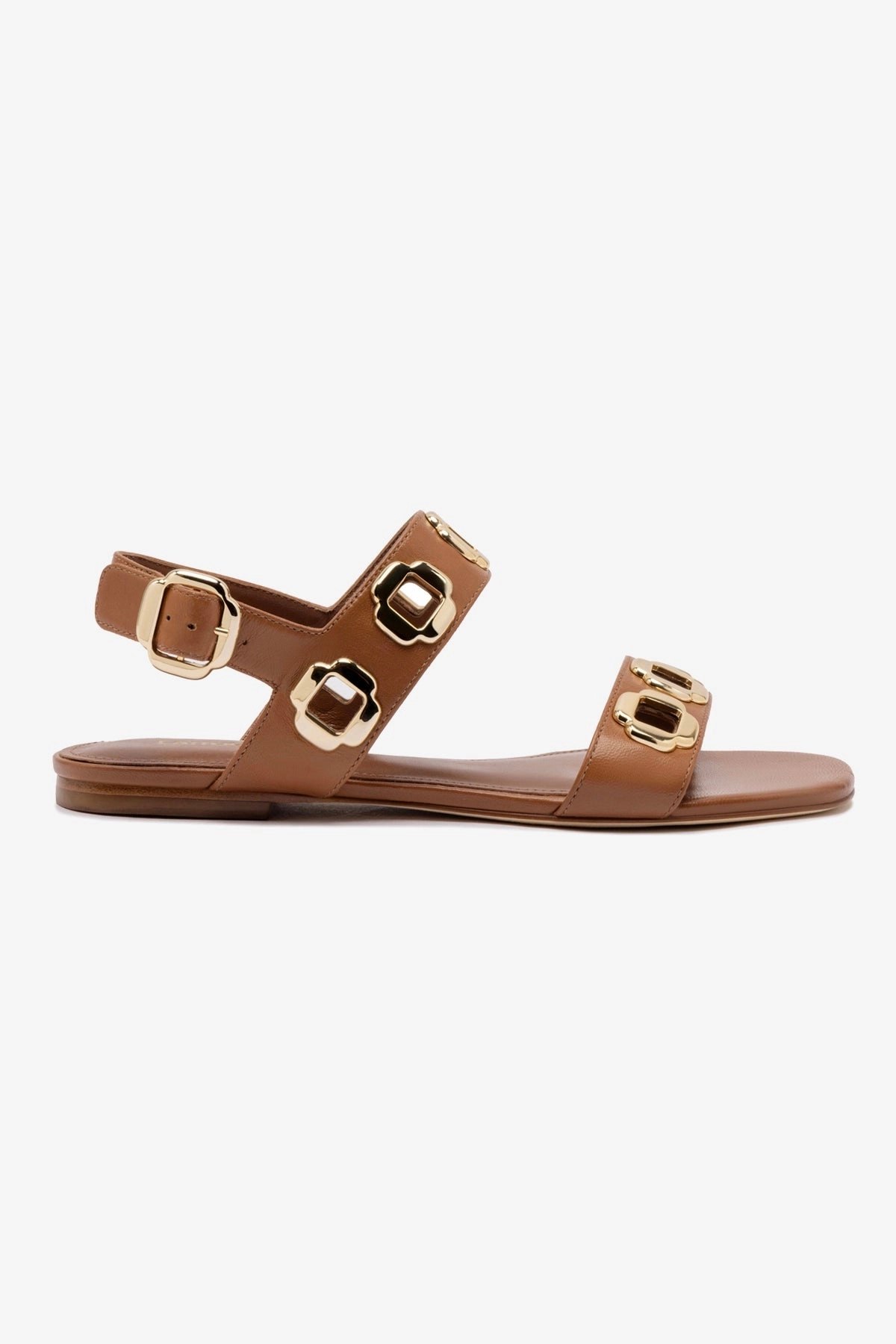 Milan Flat Sandal In Caramel Leather Ankle Support Comfort Padding