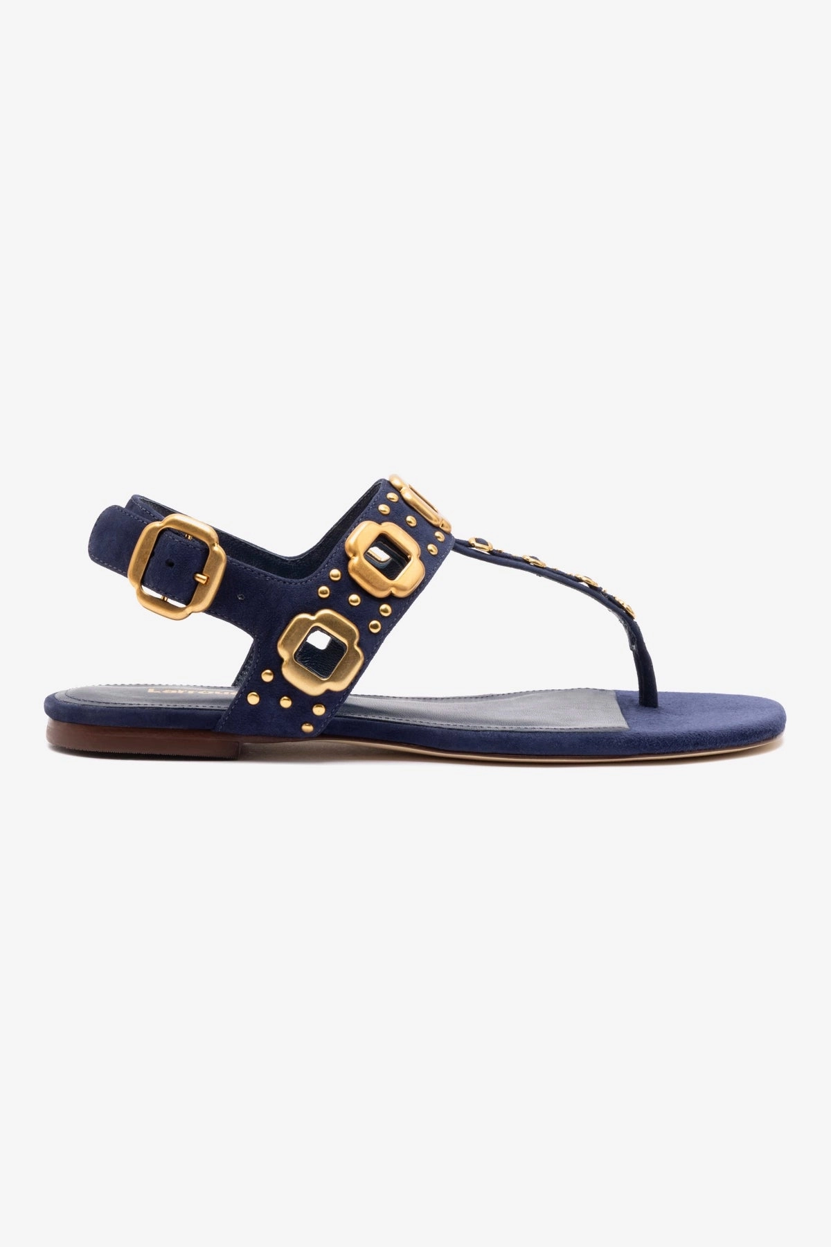 Milan Studs Thong Sandal In Navy Suede Cosmic Glow Cushioned Insole