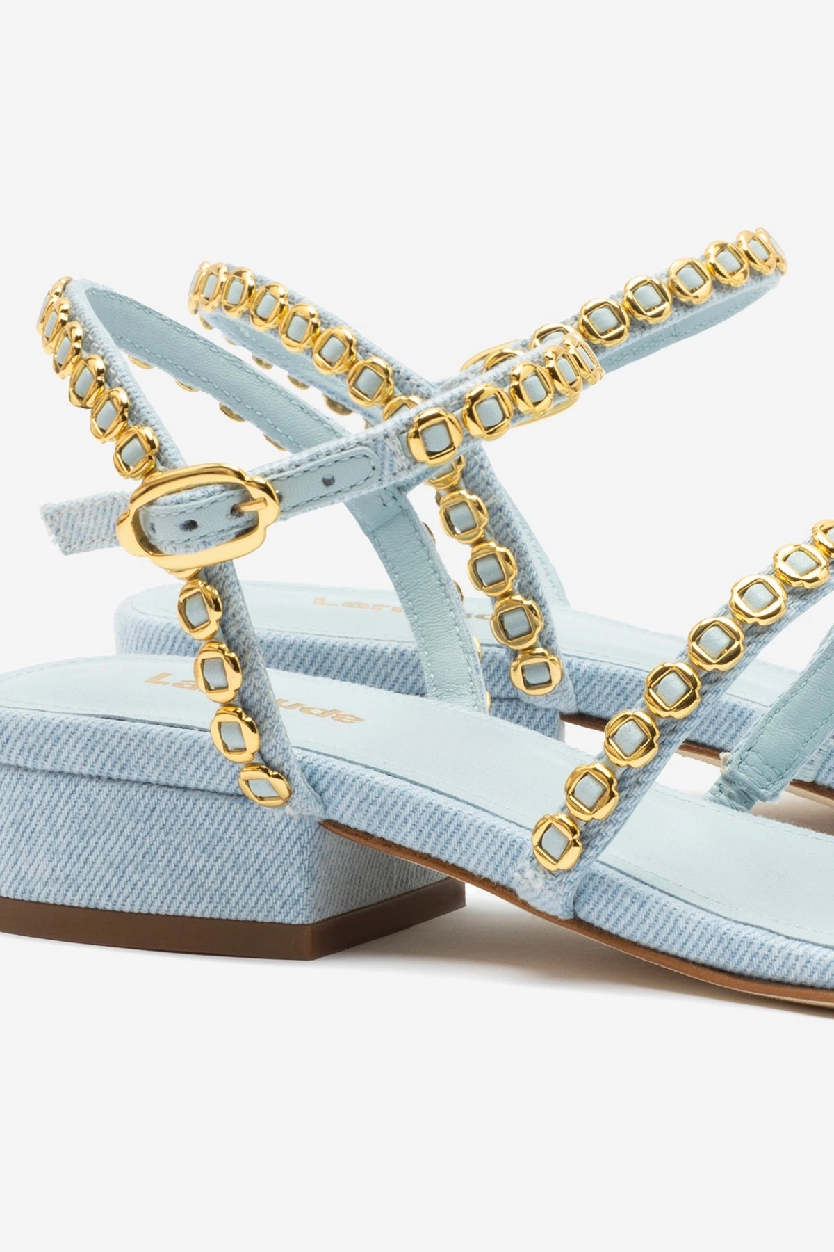 Lace Up Roomy Toe Box Milanina Flat Sandal In Maya Denim