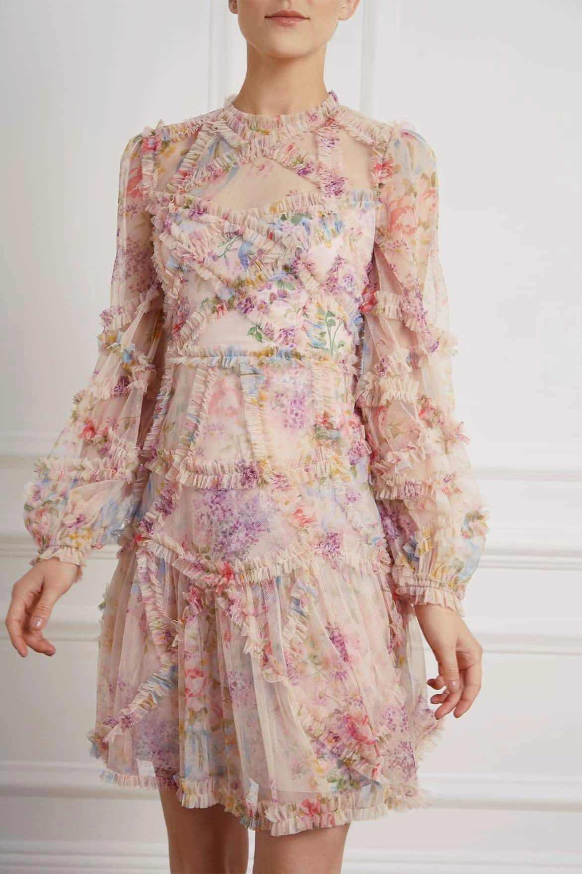 Floral Diamond Ruffle Dress Rose Flush