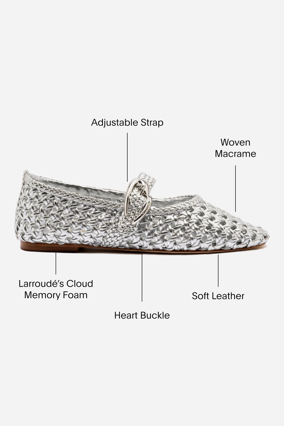 Verona Macrame Ballet Flat In SIlver Metallic Leather Feather Light Urban Stroll Bone Aid