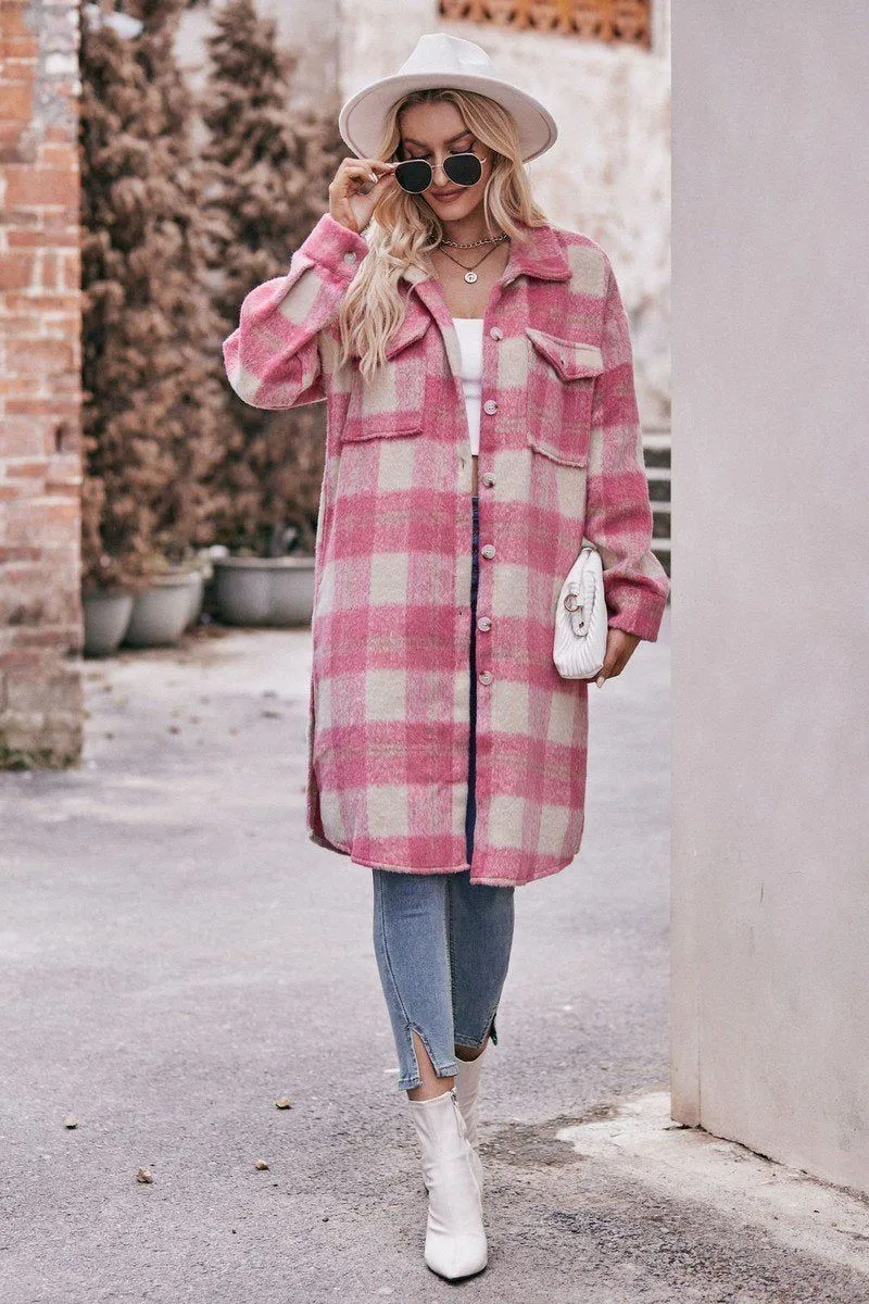 WOMEN OVERSIZED KNEE LENGTH PLAID COAT Reinforced Stitching Thermal Regulating Fabric