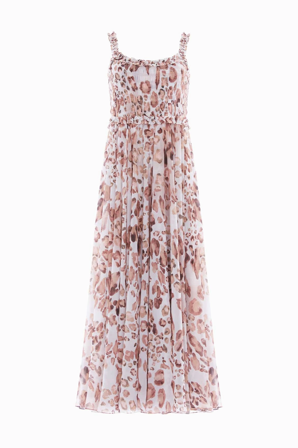 Leopard Chiffon Smocked Cami Ankle Gown Easy Draping Easy Fit