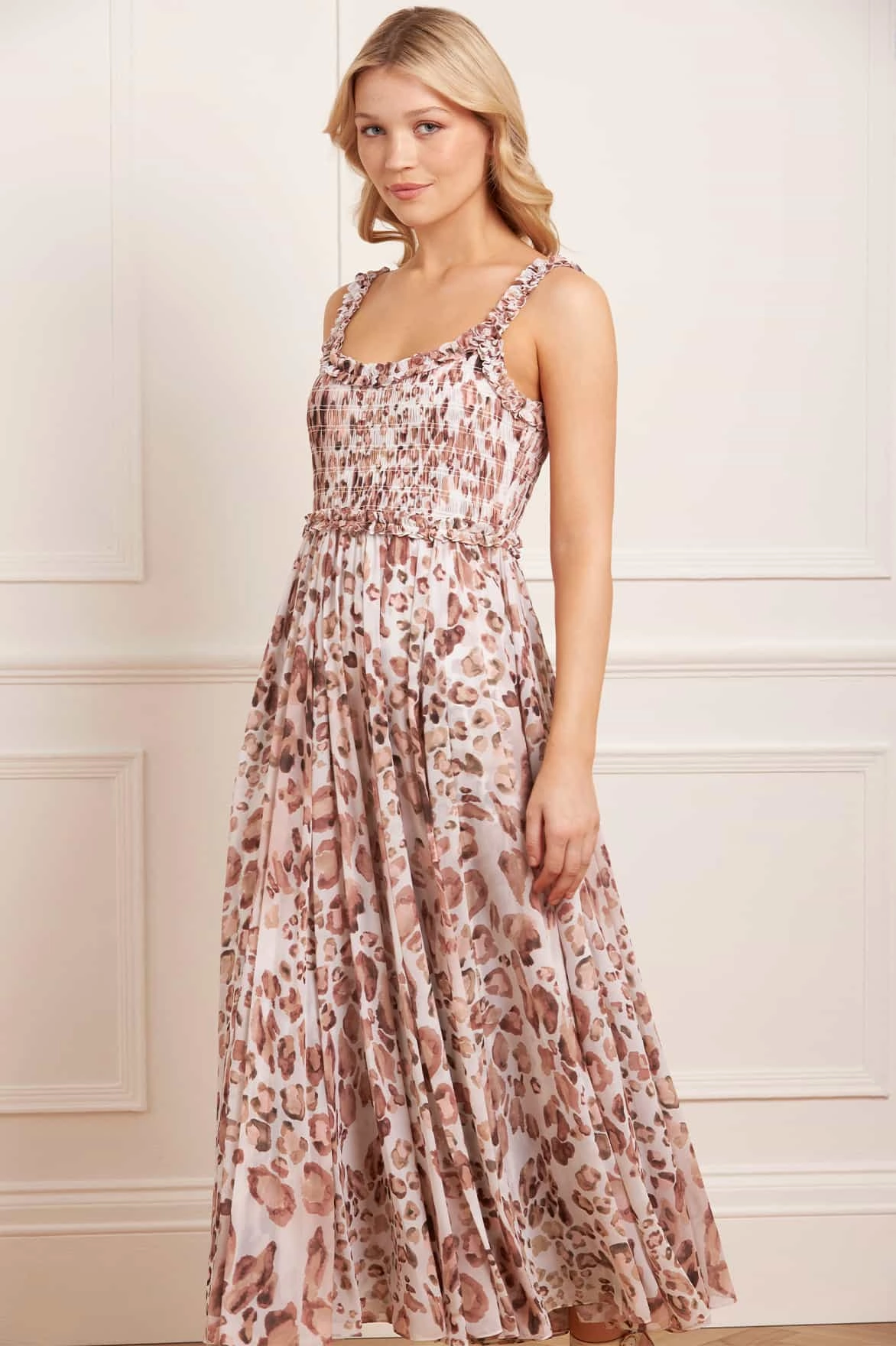 Leopard Chiffon Smocked Cami Ankle Gown Slit-Hem