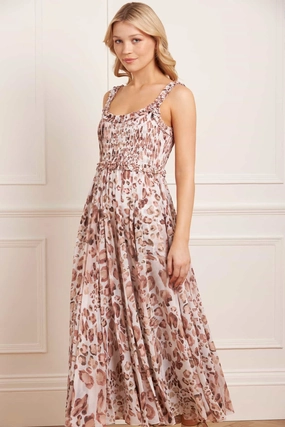 Leopard Chiffon Smocked Cami Ankle Gown Slit-Hem