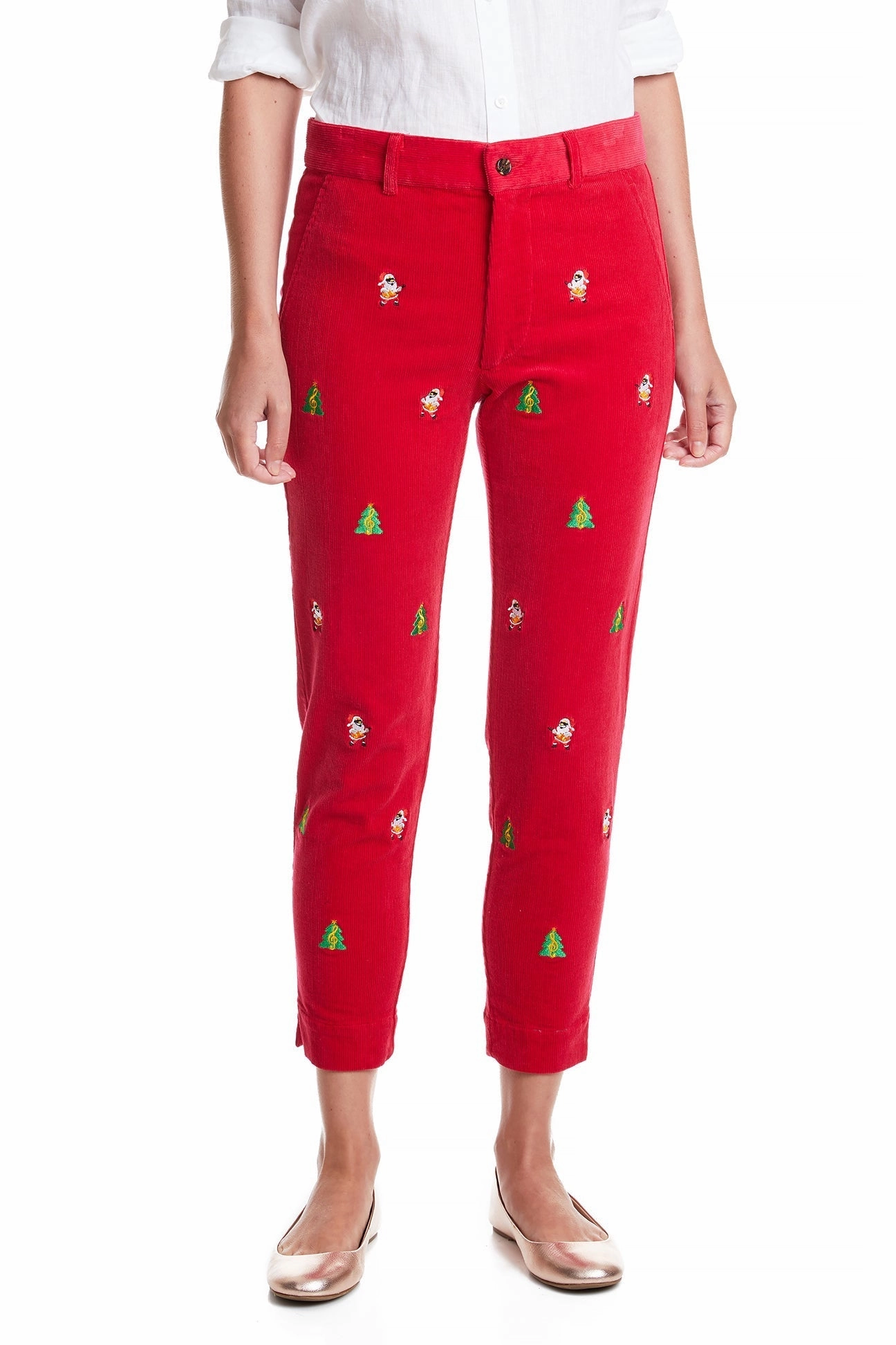 Beachcomber Corduroy Ankle Capri Crimson with Rockin Around the Christmas Tree Minimal Waistband
