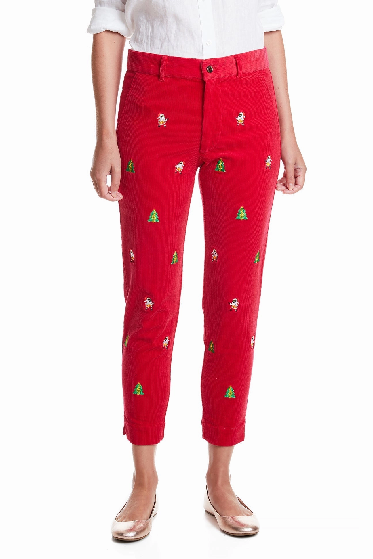 Cozy And Stylish Shape Flex Beachcomber Corduroy Ankle Capri Crimson with Rockin Around the Christmas Tree