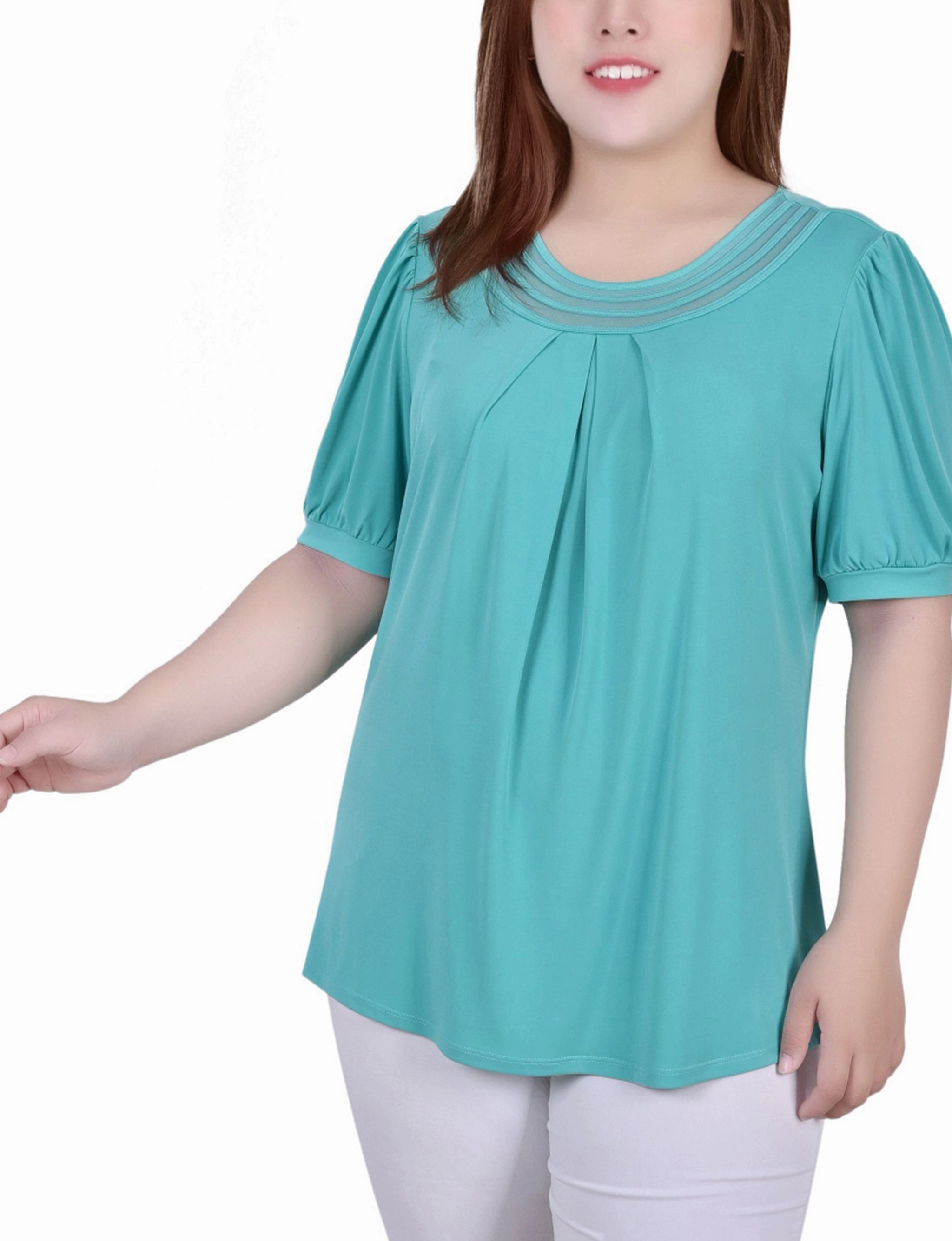 LowMaintenance Plus Size Short Puff Sleeve Sheer Inset Top
