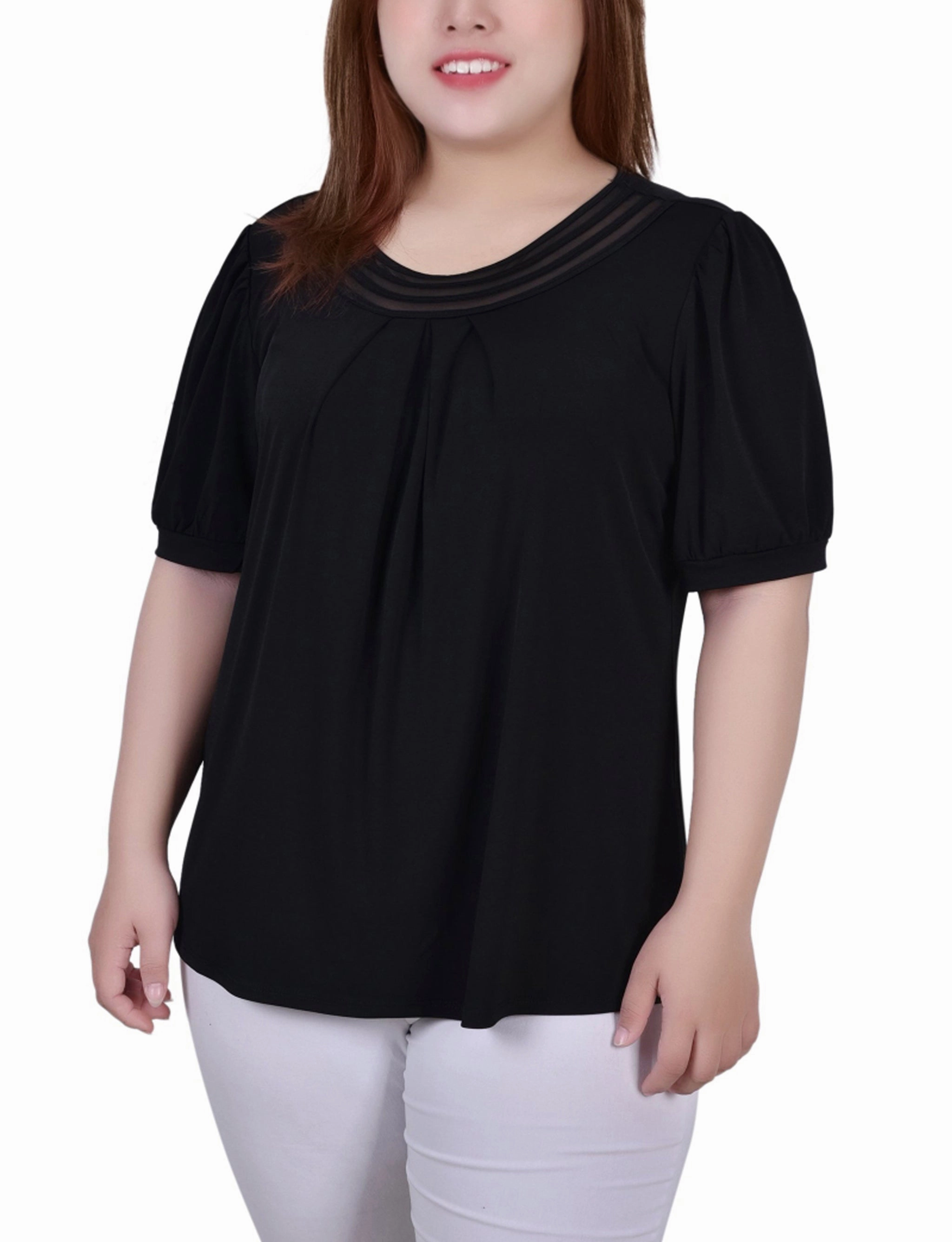 TemperatureRegulatingLining Plus Size Short Puff Sleeve Sheer Inset Top