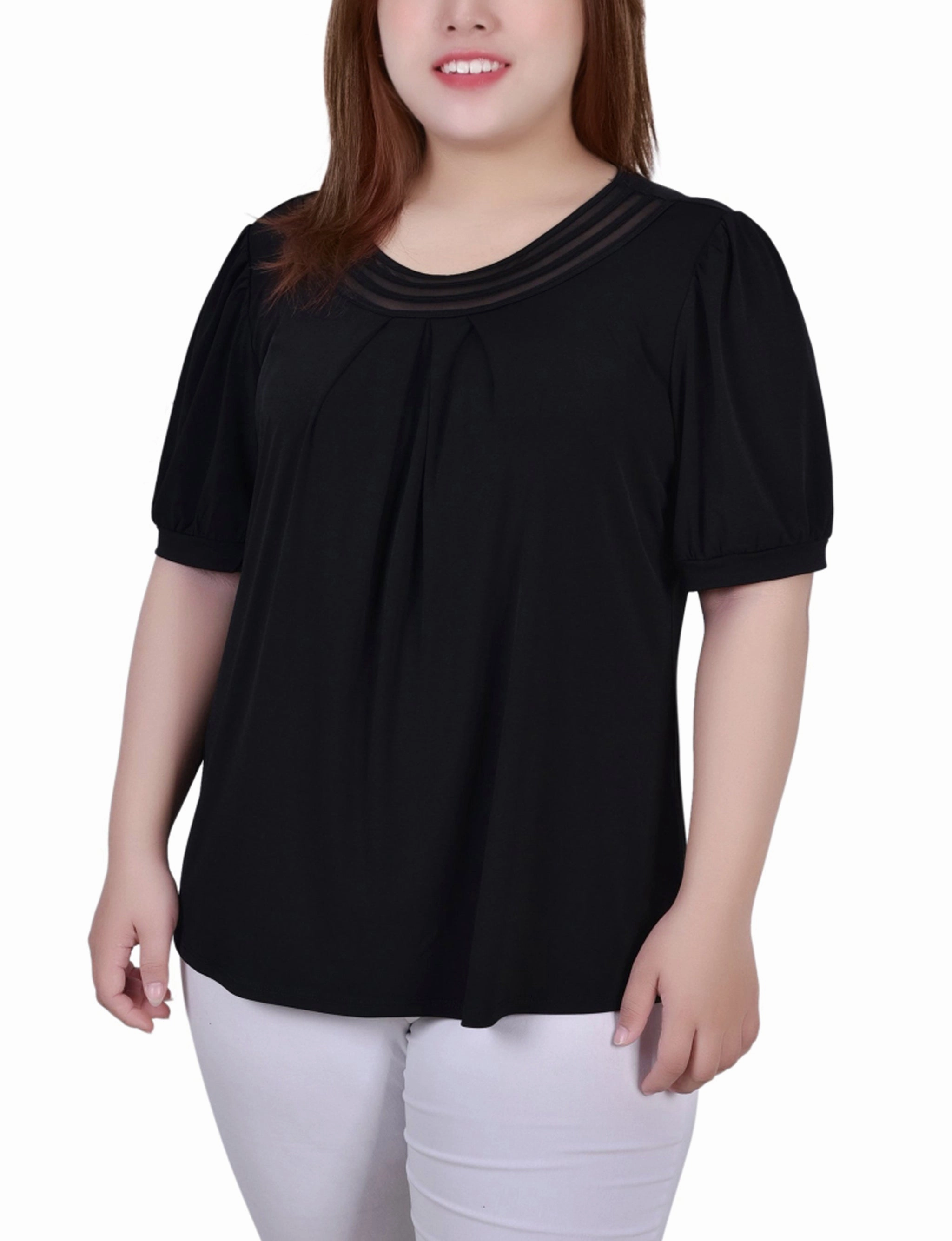 MoistureControl Plus Size Short Puff Sleeve Sheer Inset Top