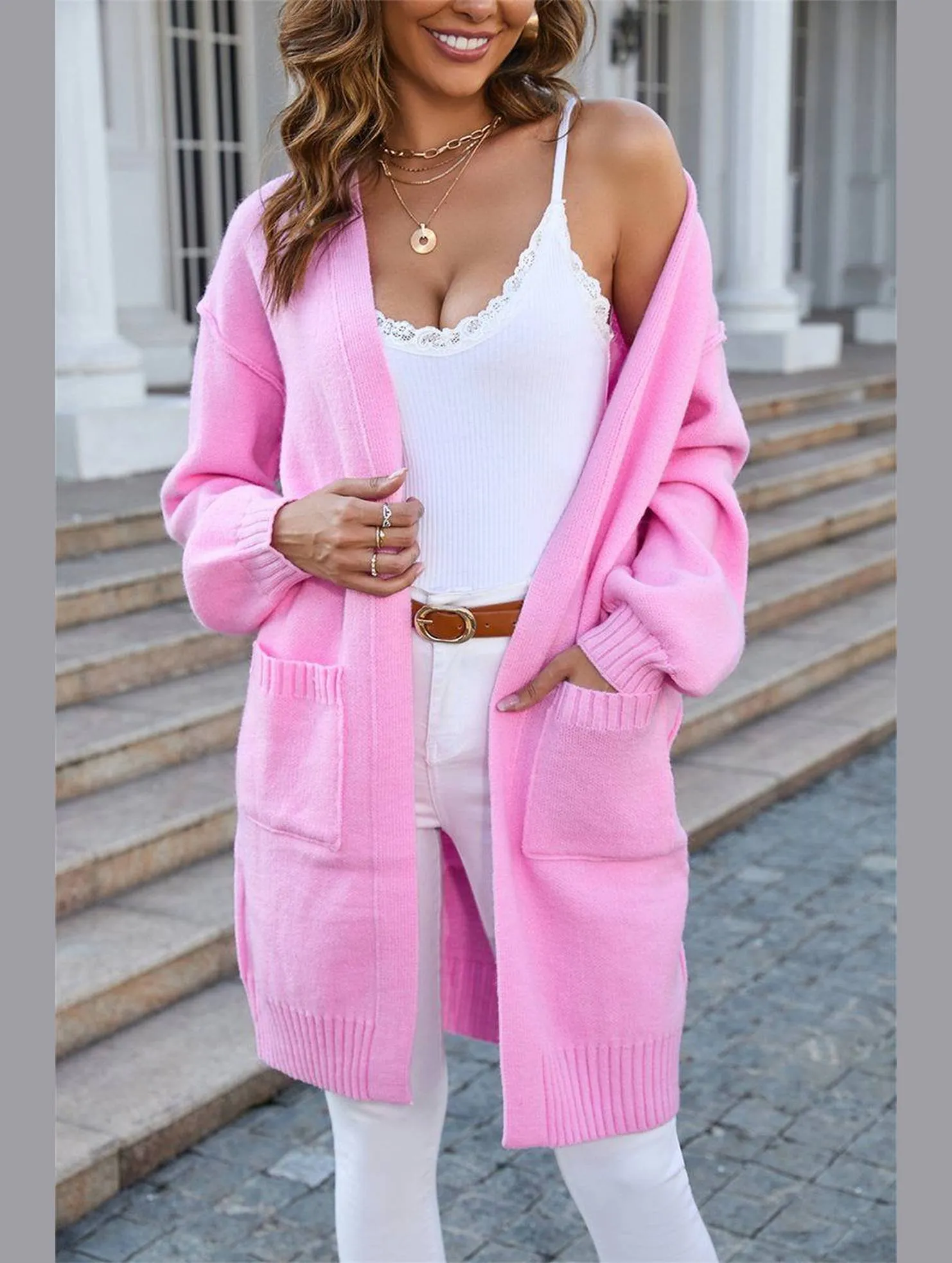 Women??s Ribbed Open Front Cardigan with Pockets | Casual Knitwear Tagless Collar