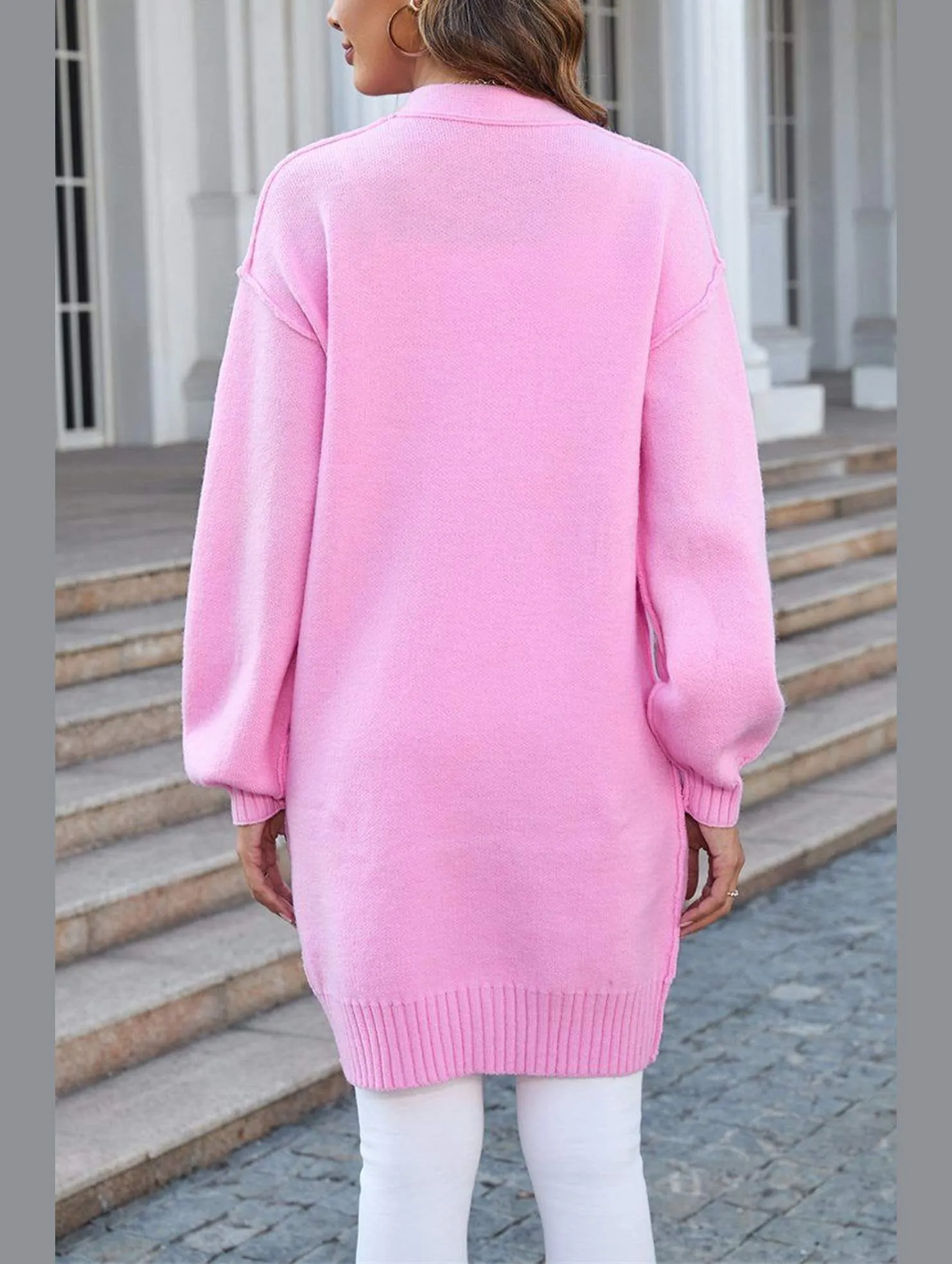 Flexible Waistband Adaptation Women??s Ribbed Open Front Cardigan with Pockets | Casual Knitwear