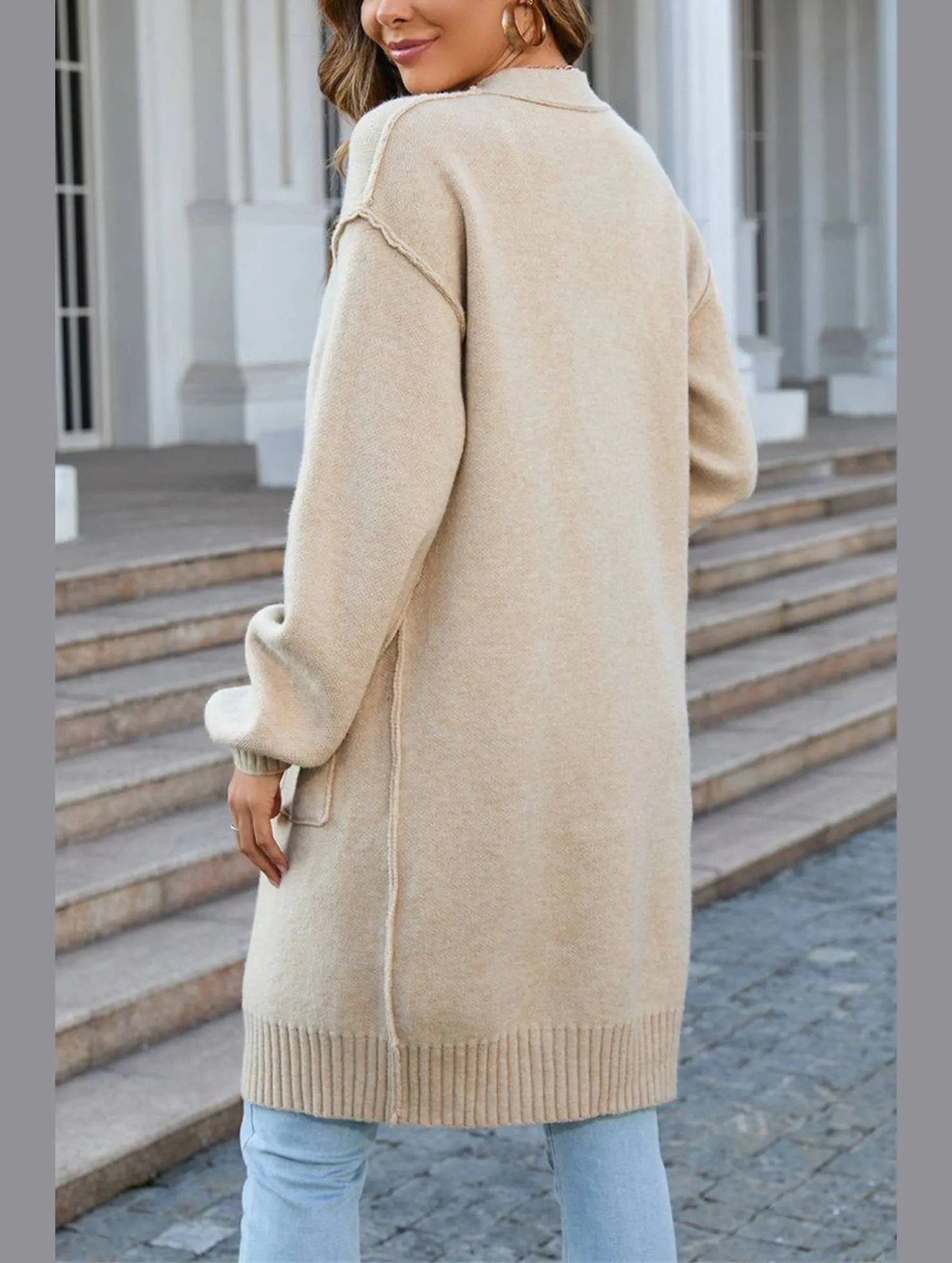 Stretch Waistband Design Stretchable Neckline Women??s Ribbed Open Front Cardigan with Pockets | Casual Knitwear