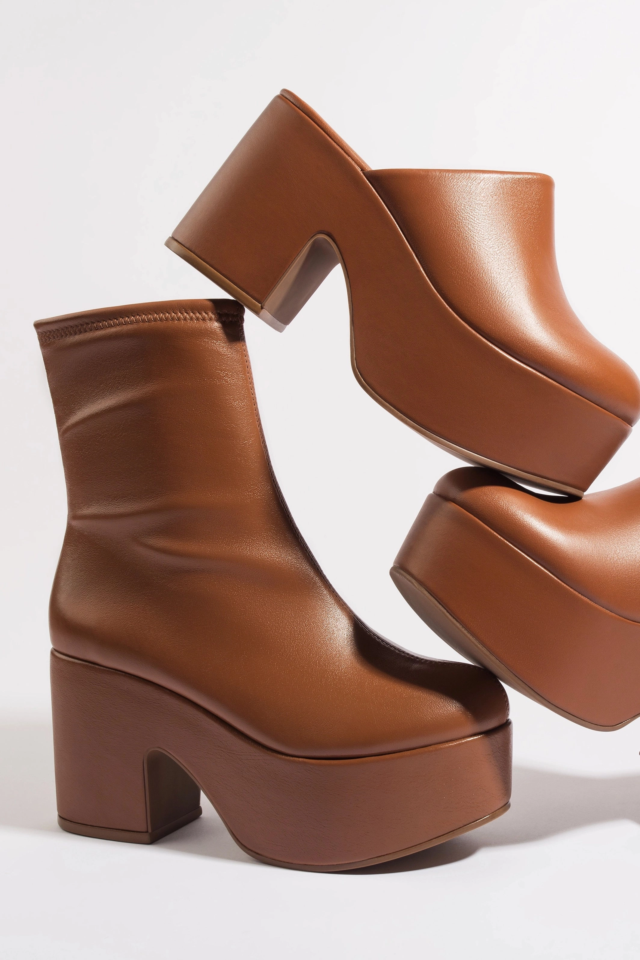 Lightweight Form Rainy Day Miso Platform Boot In Caramel Stretch Leather