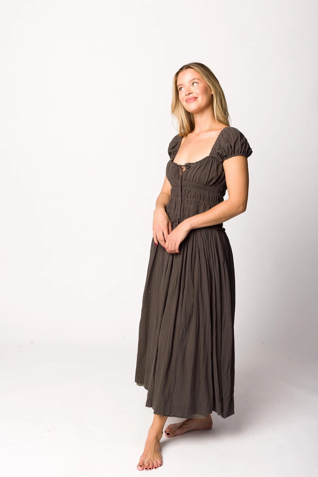 Aria Smocked Maxi Dress with Dropped Waist in Olive Guest Glam