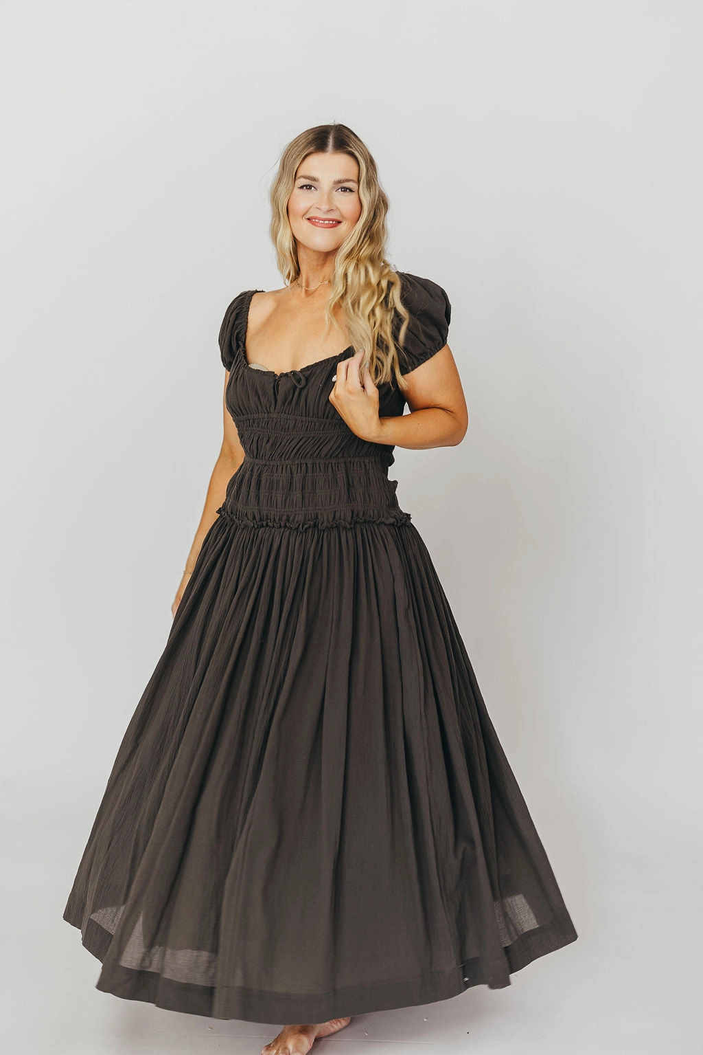 Soft And Comfortable Day Romance Aria Smocked Maxi Dress with Dropped Waist in Olive