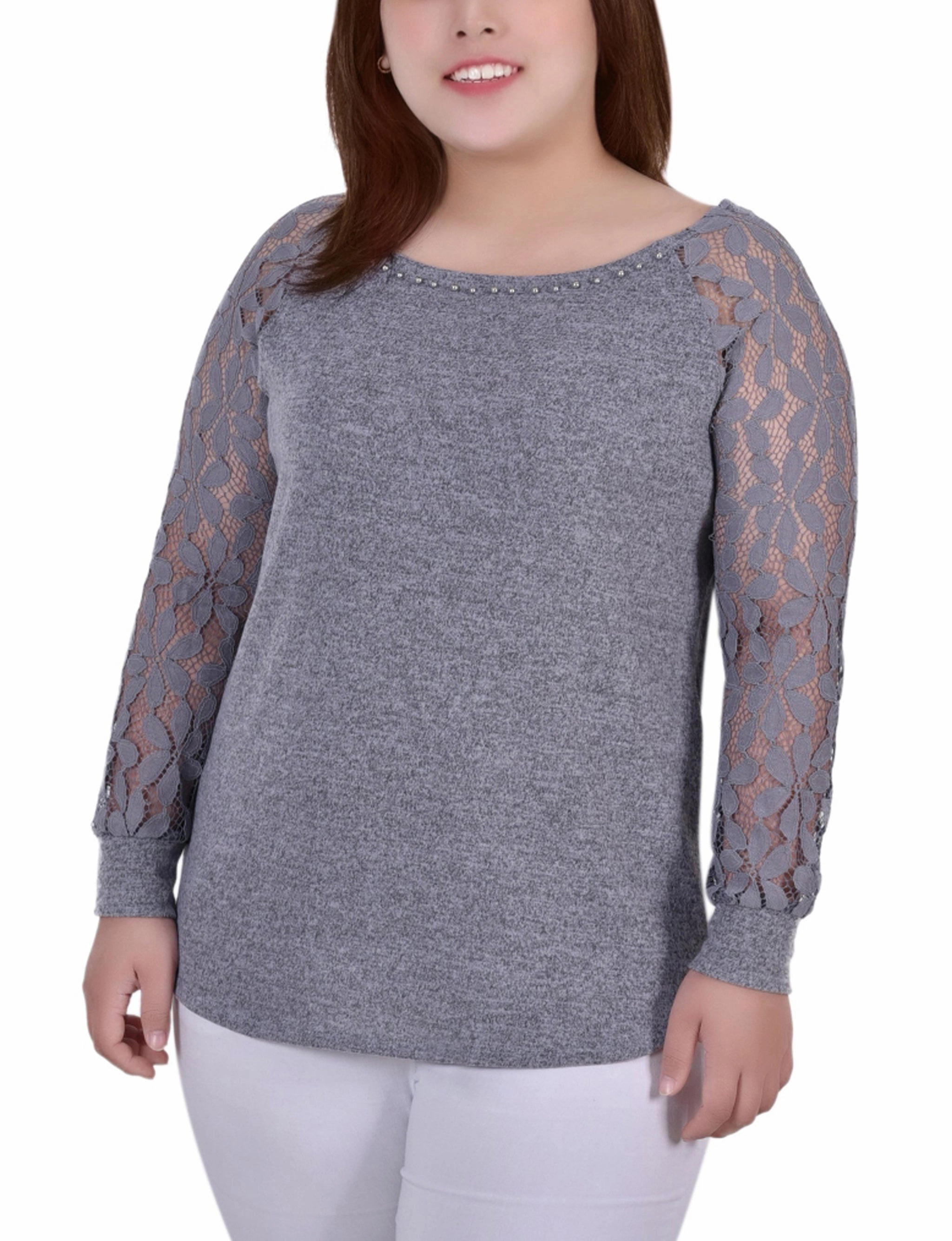 Contrast Topstitching Detail Contrast Stitch Plus Size Long Lace Sleeve Top