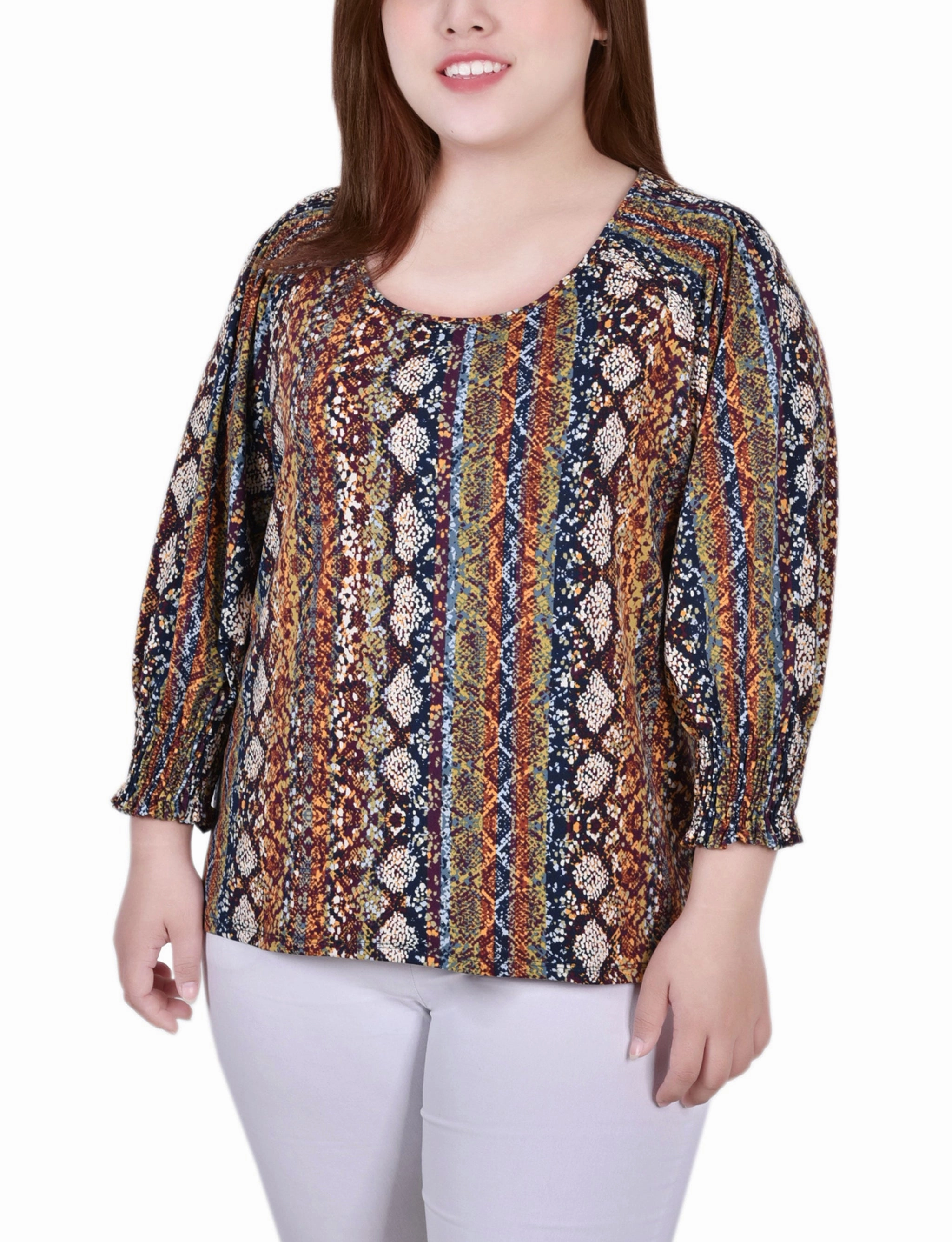 Plus Size 3/4 Smocked Detail Top Interlock Weave