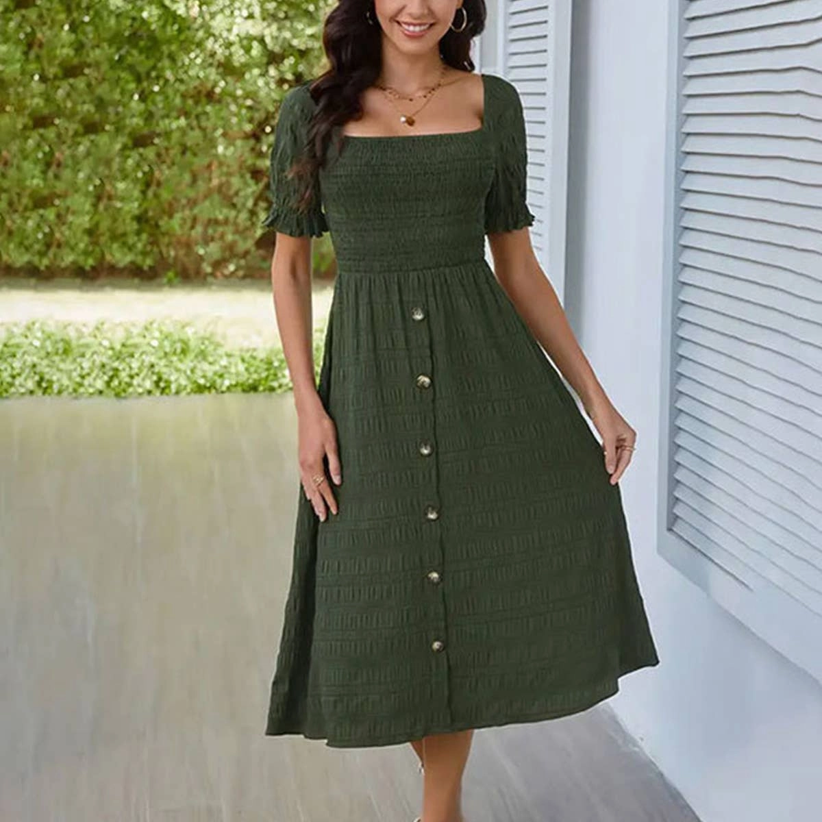BUTTON-EMBELLISHED PLEATED DRESS_CWDSD3554 Petite Chic Influencer-Approved