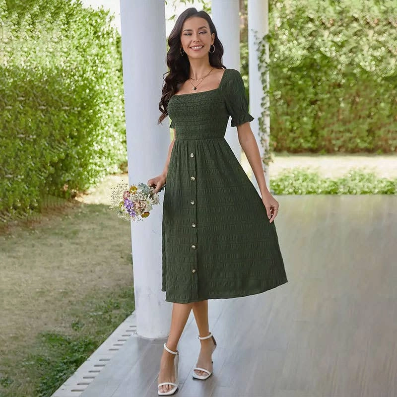 Office Mood Style Moment BUTTON-EMBELLISHED PLEATED DRESS_CWDSD3554