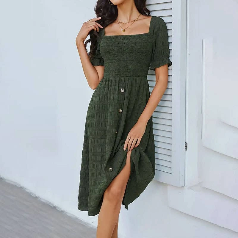 Skin Tone Calm Grace BUTTON-EMBELLISHED PLEATED DRESS_CWDSD3554