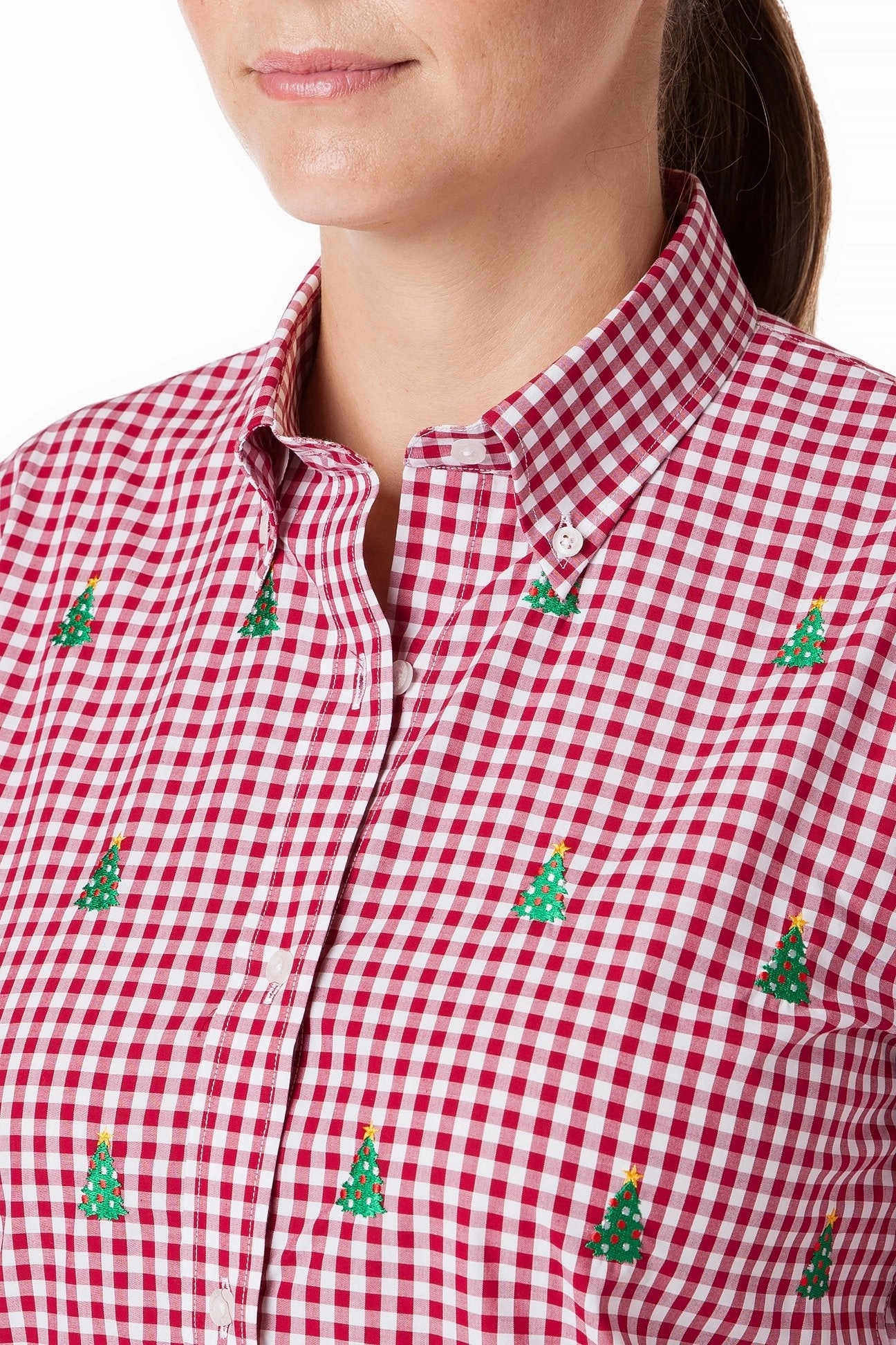 Ladies Button Down Shirt Wide Gingham Red with Christmas Tree Comfortable Layer