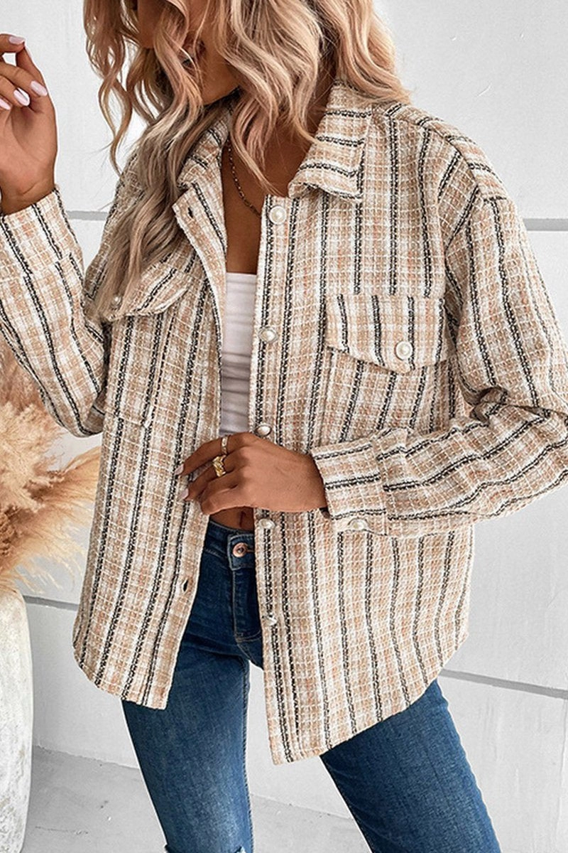 SeamlessSidePanels Warm Fabric WOMEN CASUAL BUTTON CUFF PLAID POCKETS SHACKET