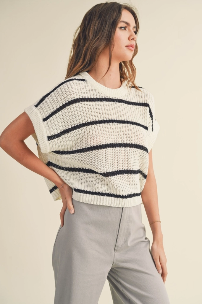 Maggie Stripe Cap Sleeve Sweater in Black Stripe Recycled Fiber Blend Hidden Ventilation Zones