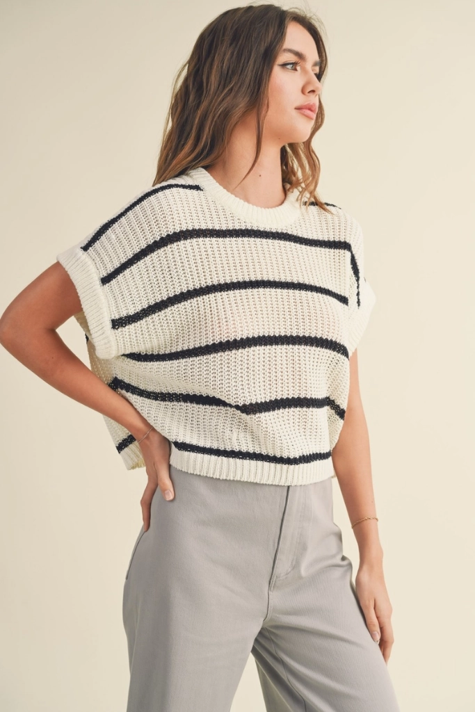 Maggie Stripe Cap Sleeve Sweater in Black Stripe Quick Access Pockets