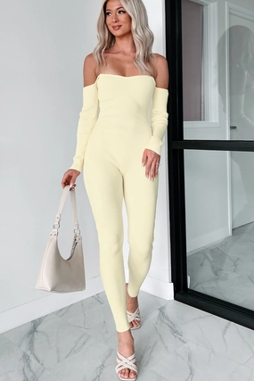 Office Look Telling Secrets Off The Shoulder Ribbed Catsuit (Yellow)
