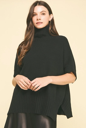 Turtle Neck Short Sleeve Sweater in Black Elasticated Trim Colorfast Dye Method