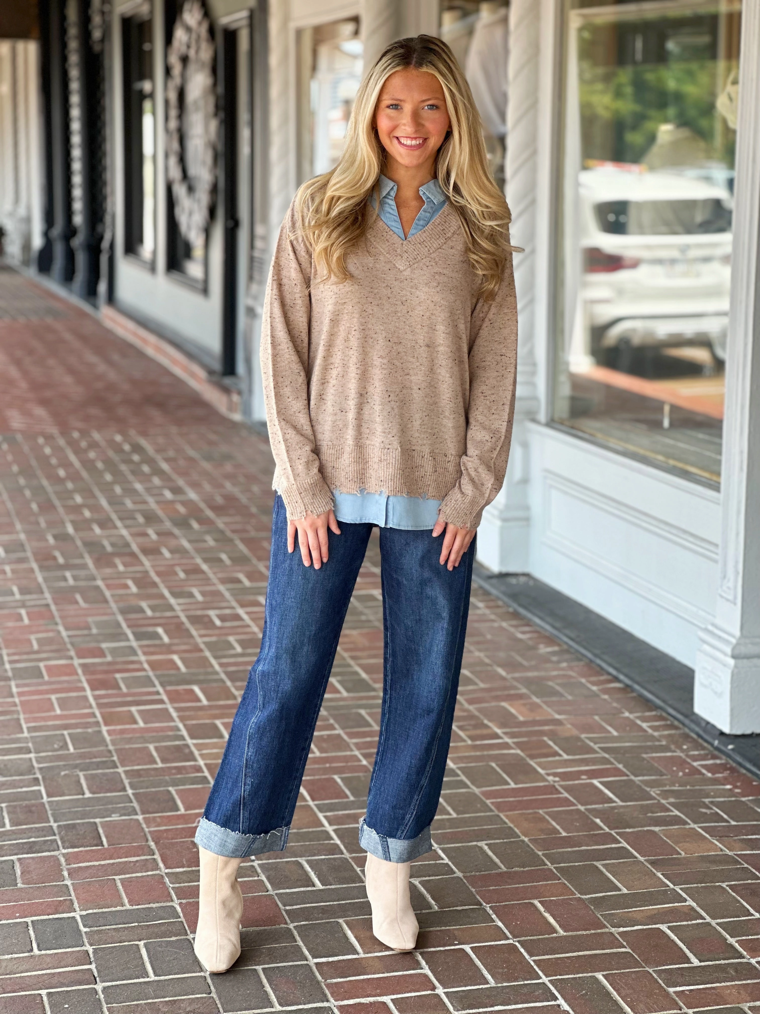 Charlie B V-Neck Fooler Yarn Sweater in Oat Knit Fabric Technology LightweightLayeredFabric