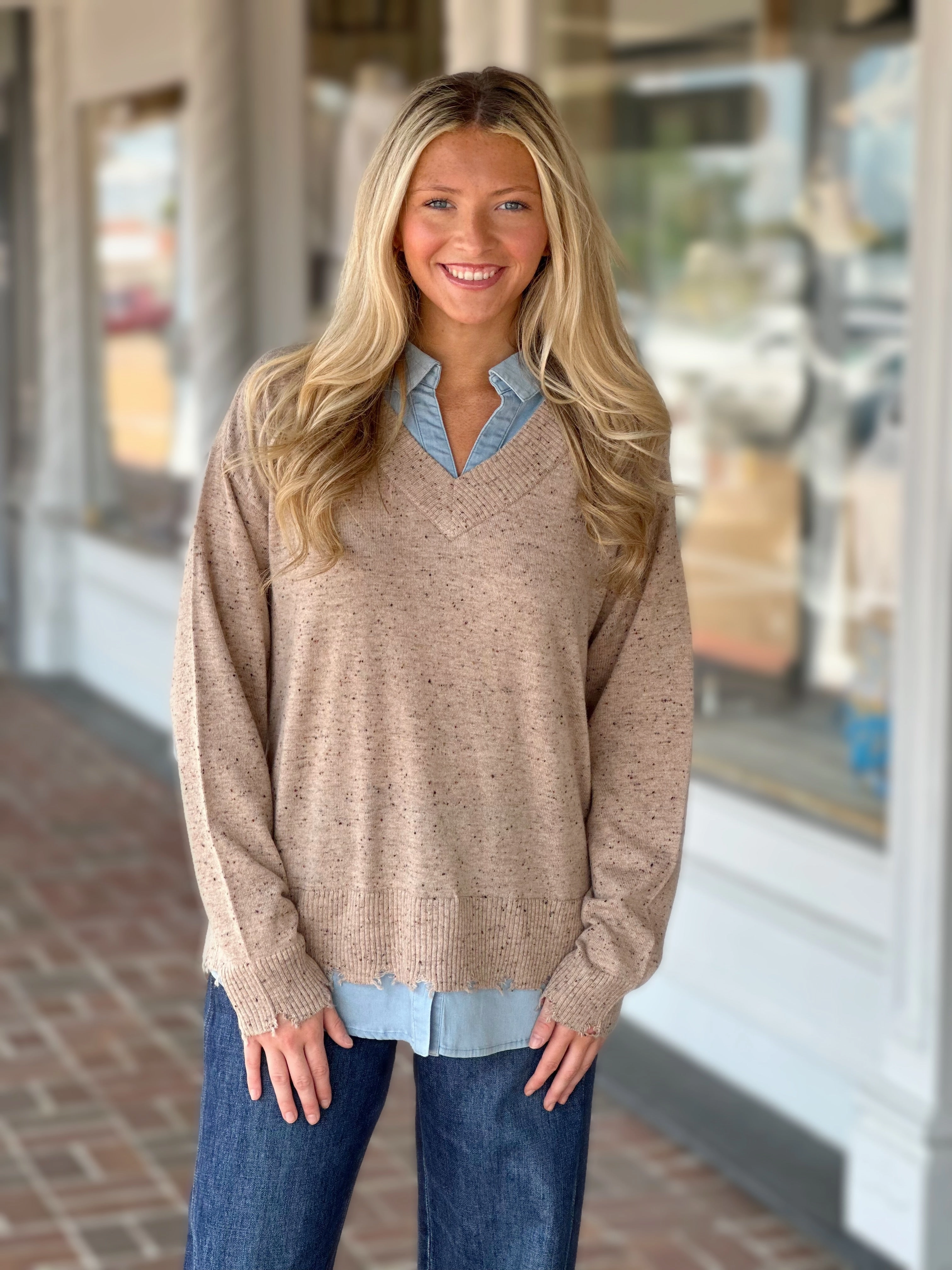 MinimalistDesign Charlie B V-Neck Fooler Yarn Sweater in Oat