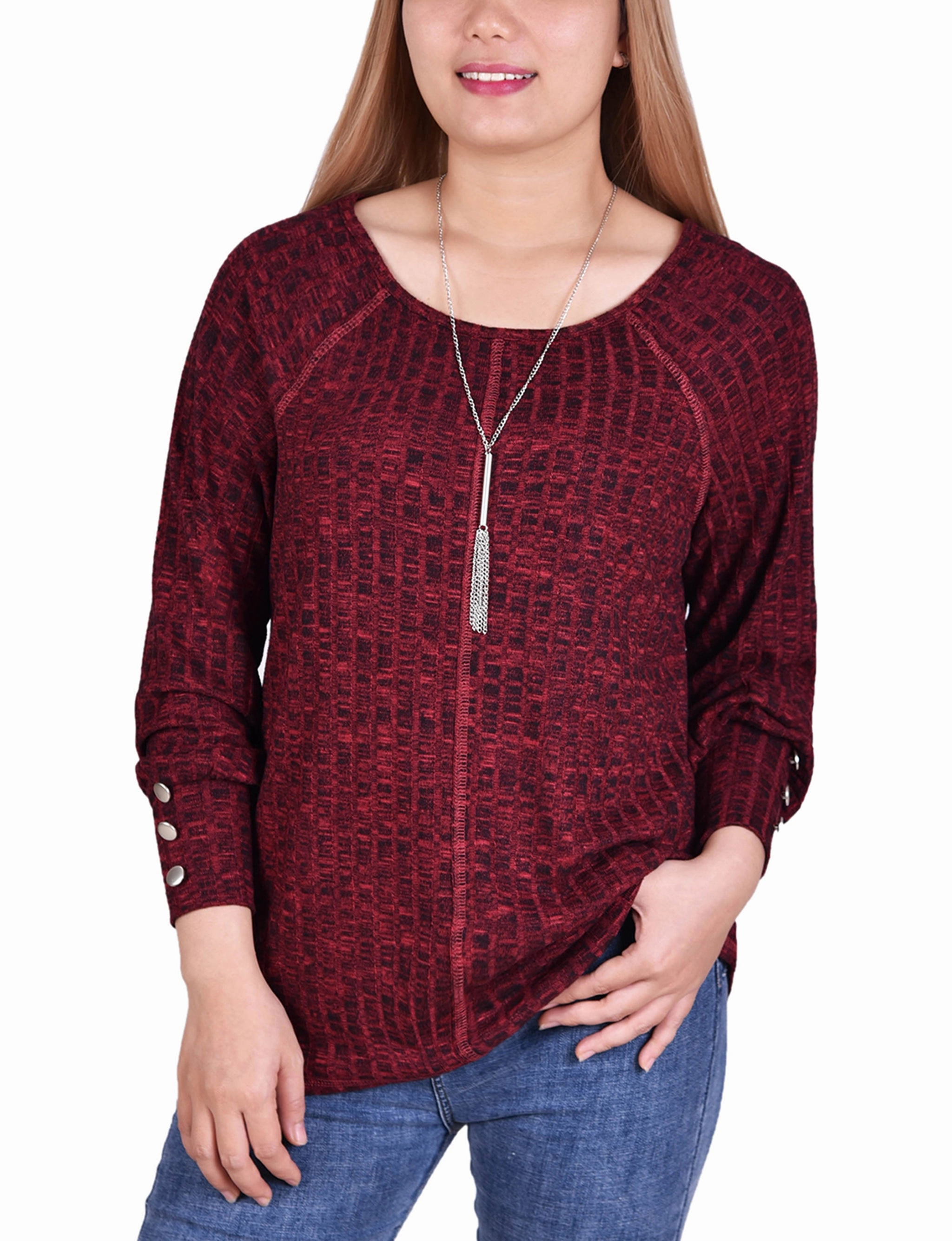 Petite Long Sleeve Ribbed Top With Detachable Necklace Durable Binding EcoDyeProcess