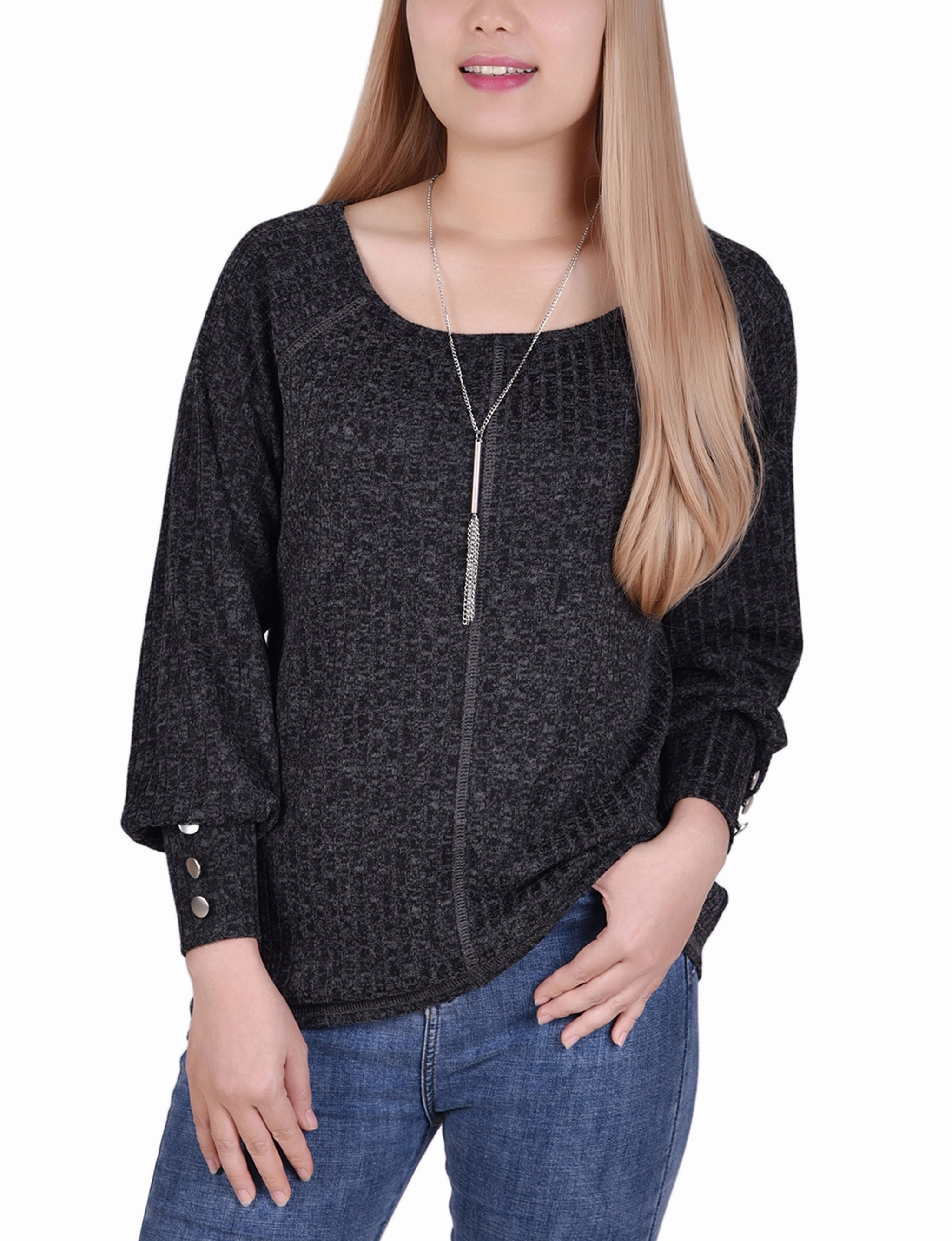 FourWay Stretch Fabric Petite Long Sleeve Ribbed Top With Detachable Necklace
