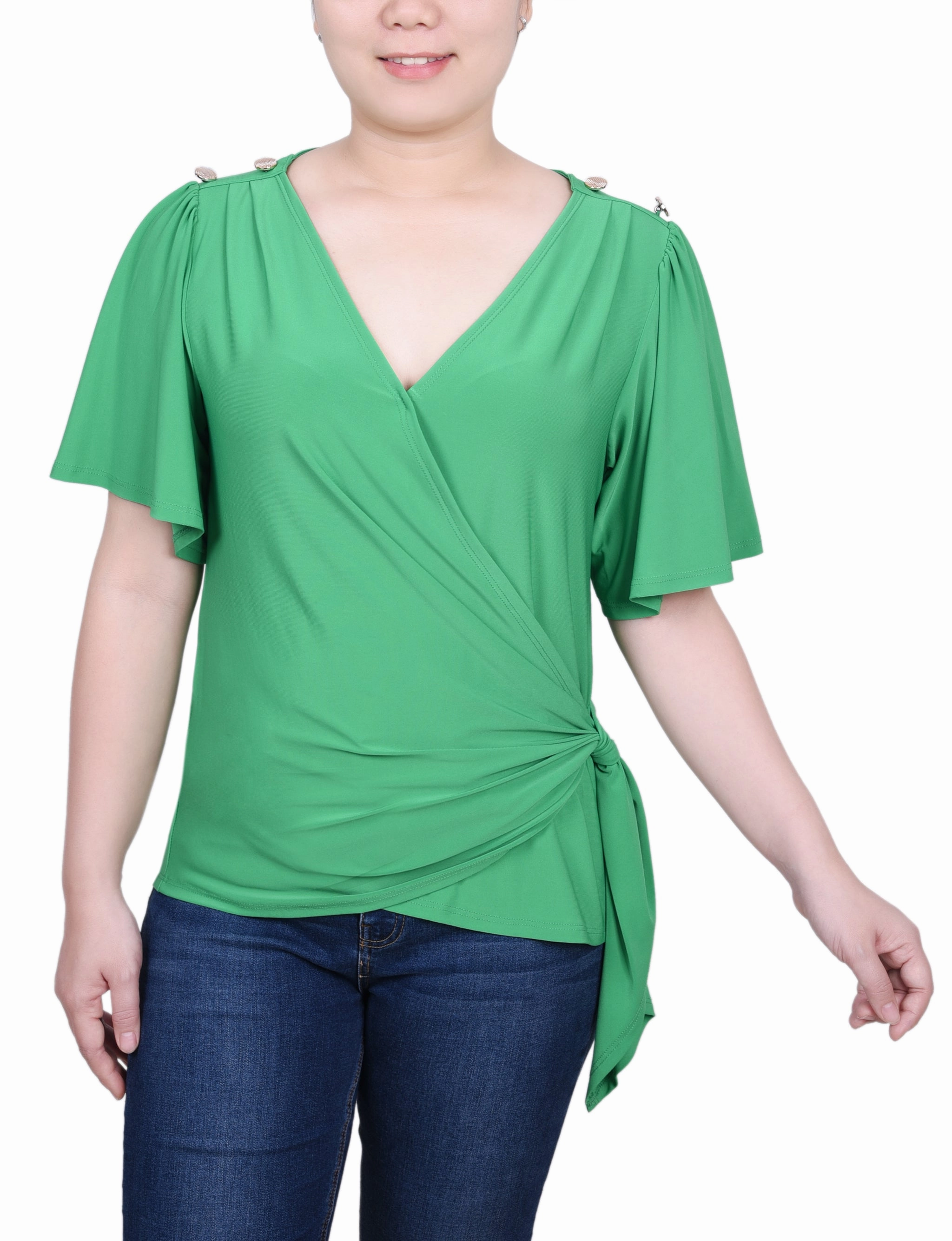Petite Short Sleeve Wrap Top LightweightWeave
