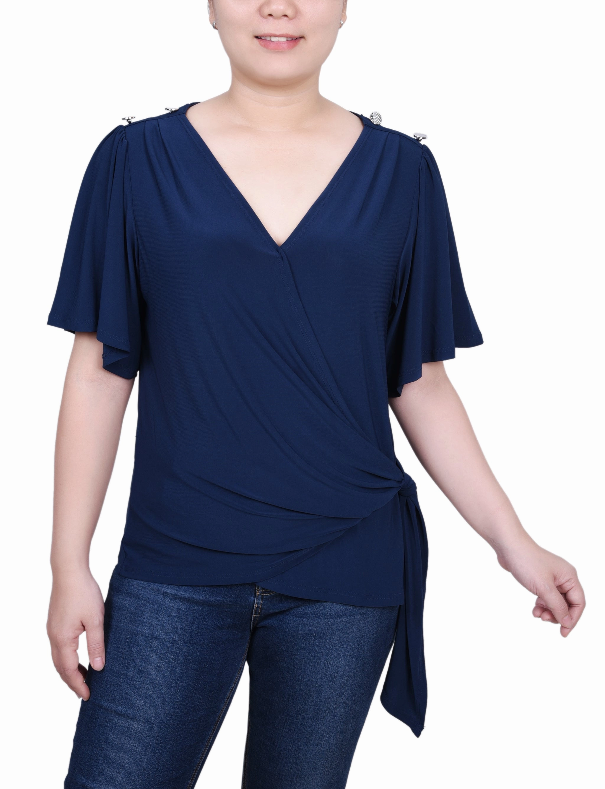 Raw Edge Detail Petite Short Sleeve Wrap Top