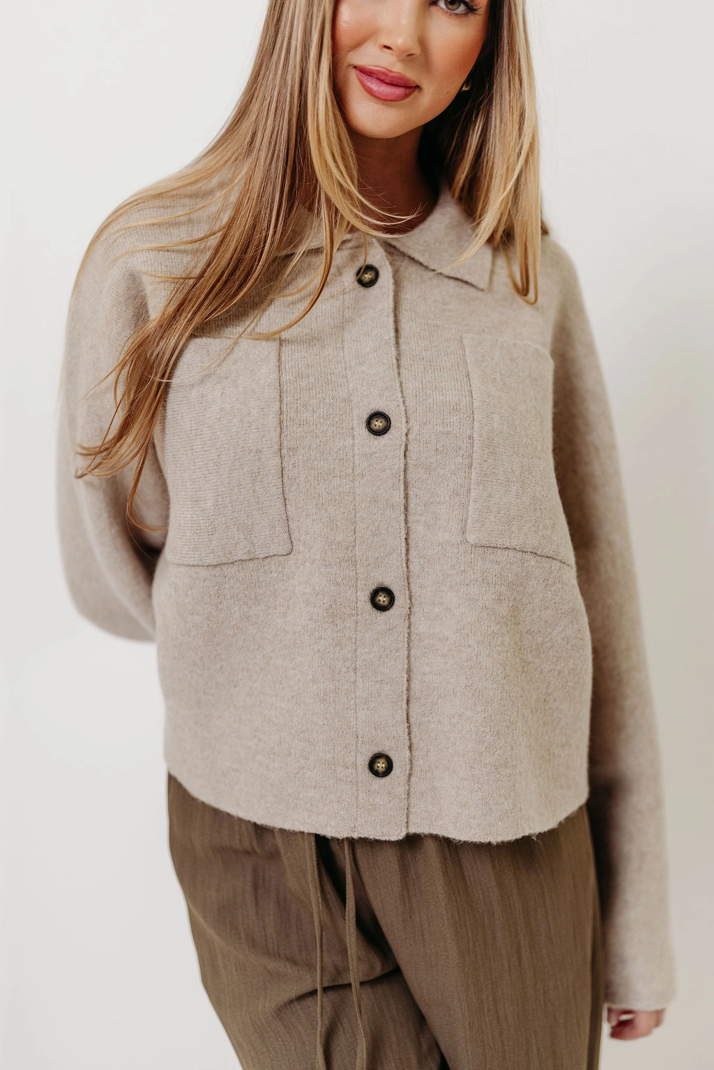 Monica Collared Button-Down Sweater in Papyrus Cozy Wear