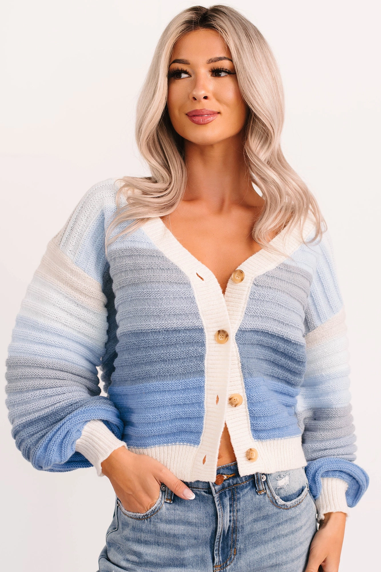 Morning Breeze Ombre Striped Knit Cardigan (Blue) BreathableBackVents