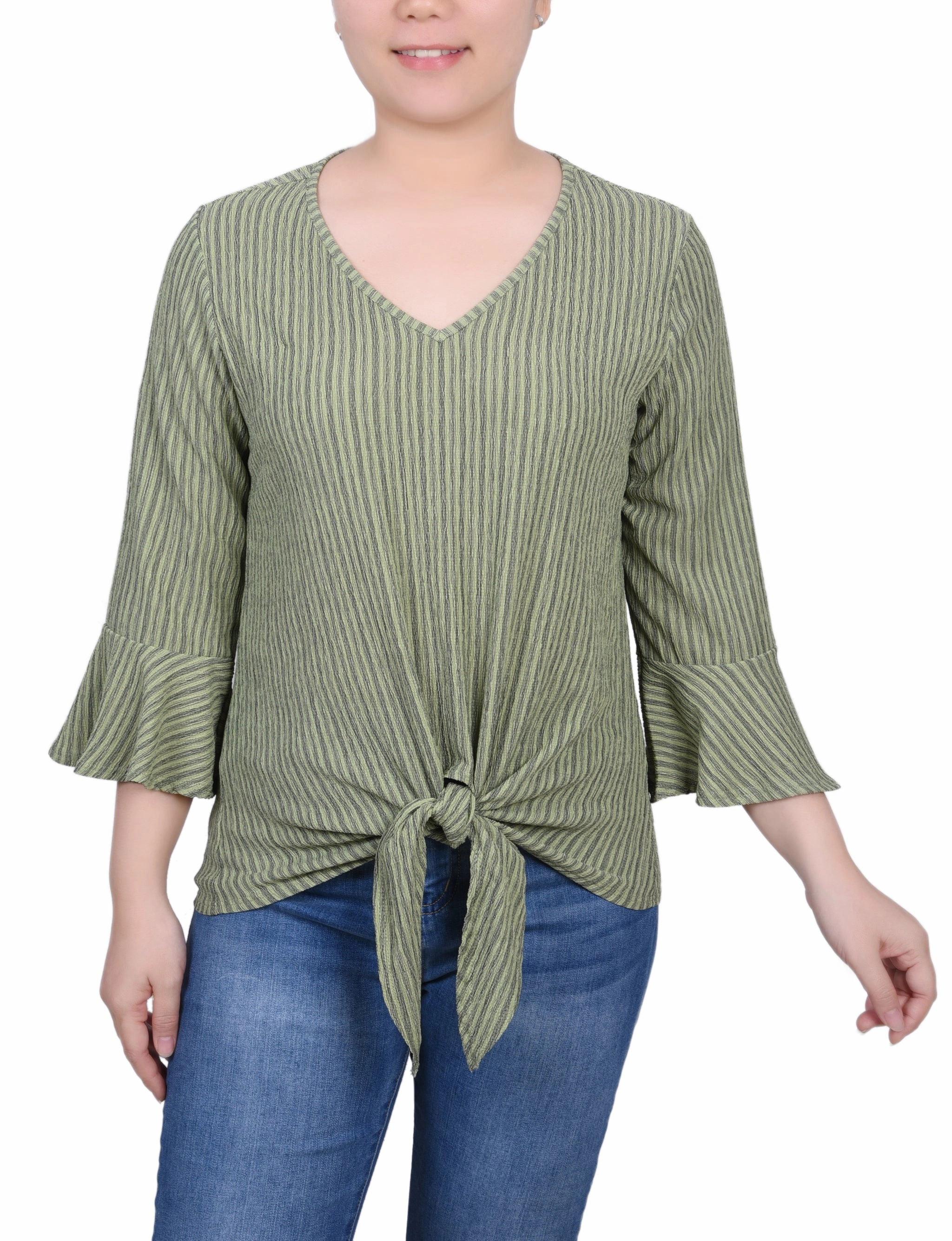 Petite 3/4 Bell Sleeve Textured Knit Top SeamFreeShoulder