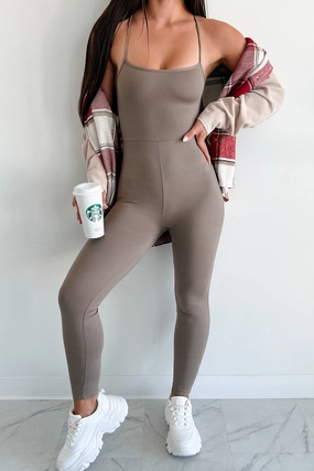 Time To Walk Away Lace-Up Back Jumpsuit (Taupe) PolyesterBlend