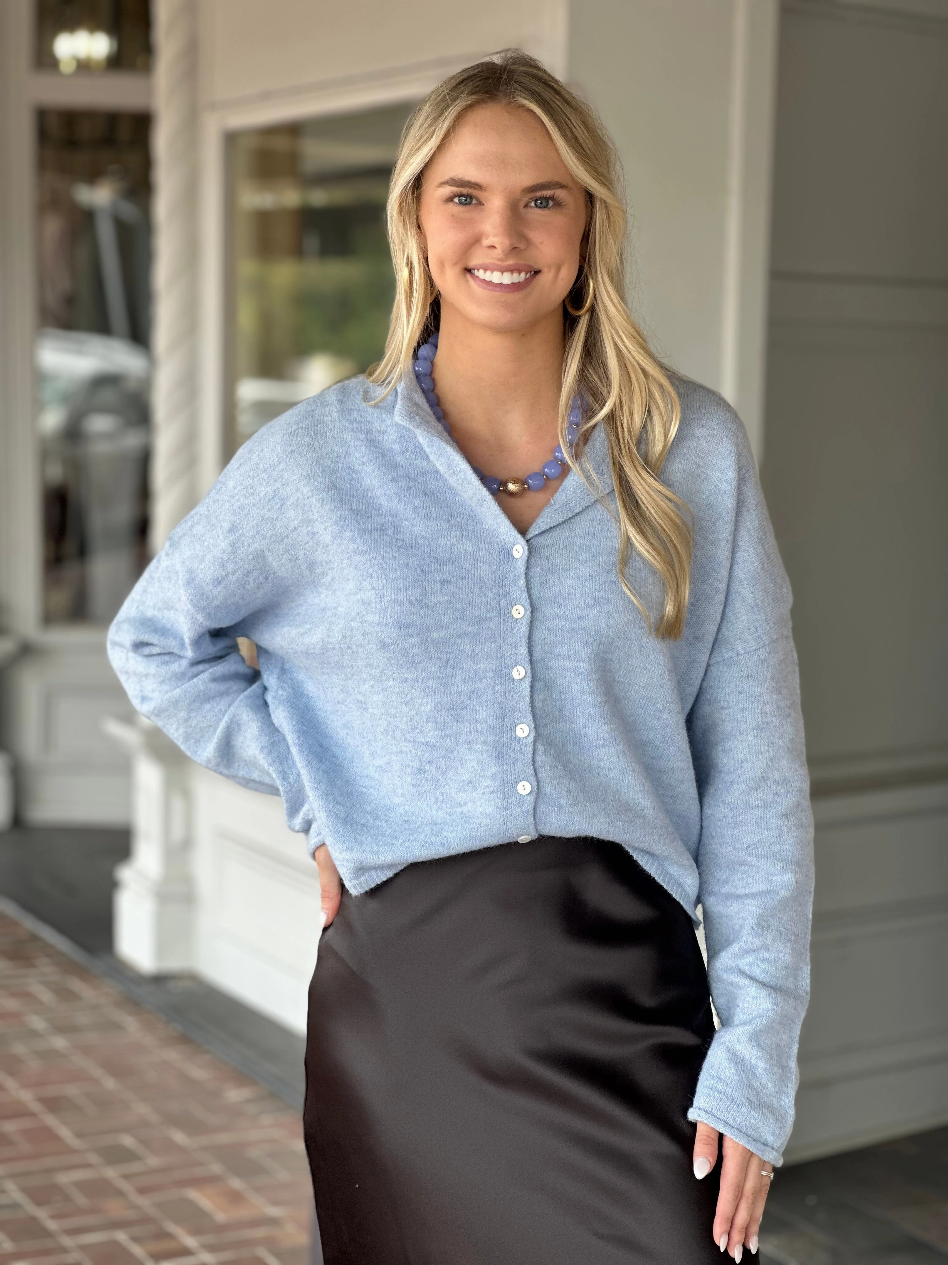 Non Irritating Seam Finish Space Between Button Cardigan in Sky Blue