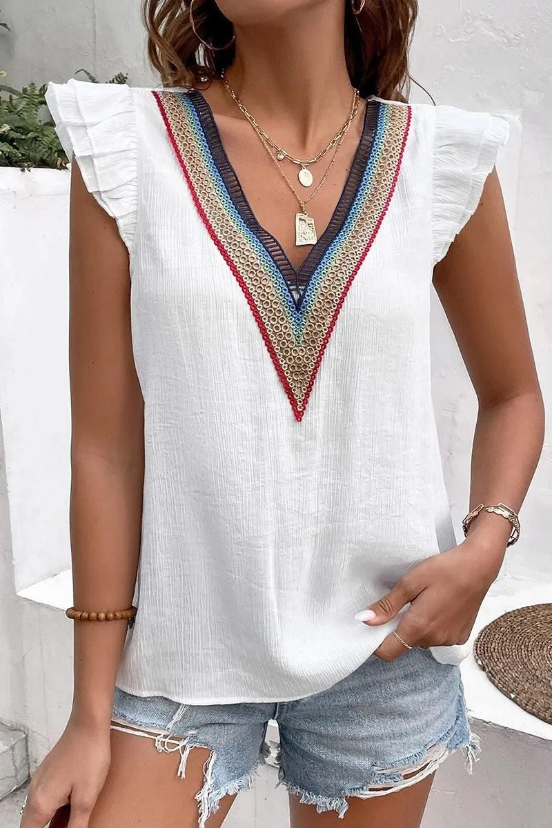 Noise Reduced Zipper MULTICOLOR LACE V NECK RUFFLE SHORT SLEEVE TOP
