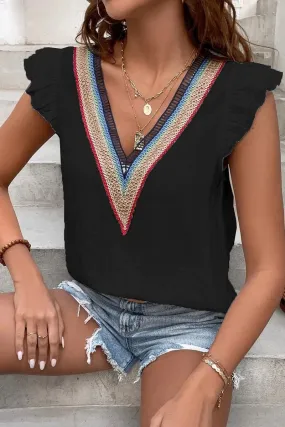 MULTICOLOR LACE V NECK RUFFLE SHORT SLEEVE TOP Trendy Look