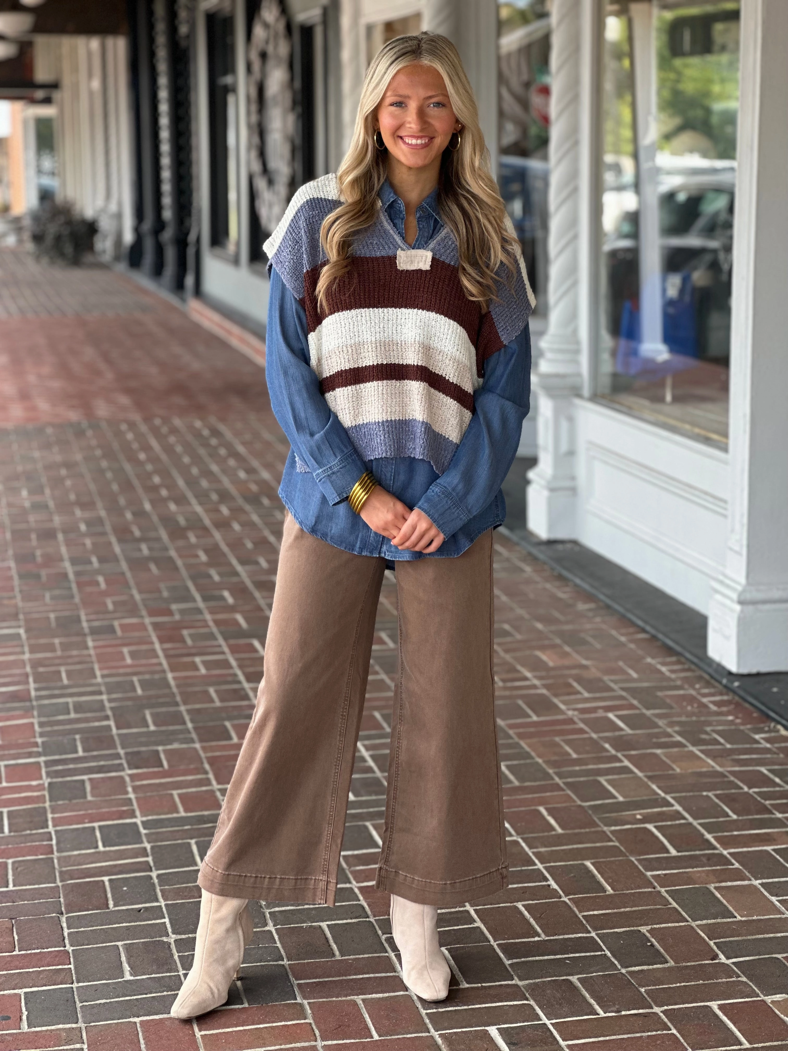 Interlock Knit Airy Mesh Lining Multicolor Striped Cap Sleeve Sweater in Frosted Mocha