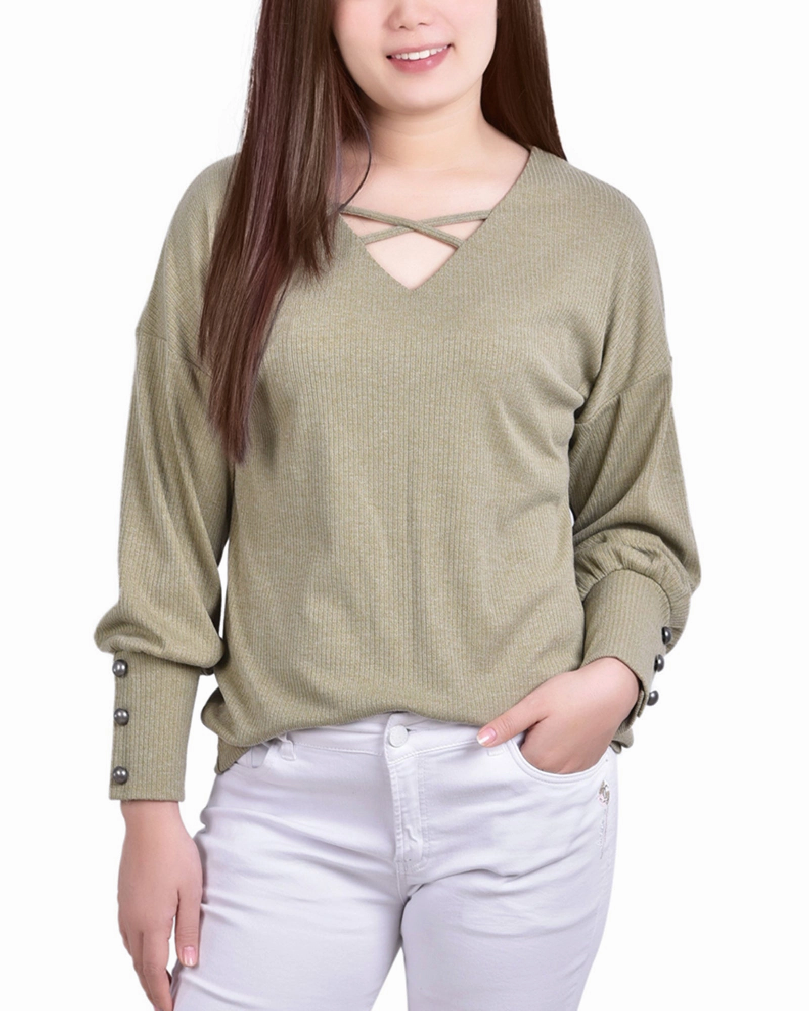 Petite Long Sleeve Criss Cross Neck Pullover Top Lightweight Weave Shrinkage Prevention Treatment