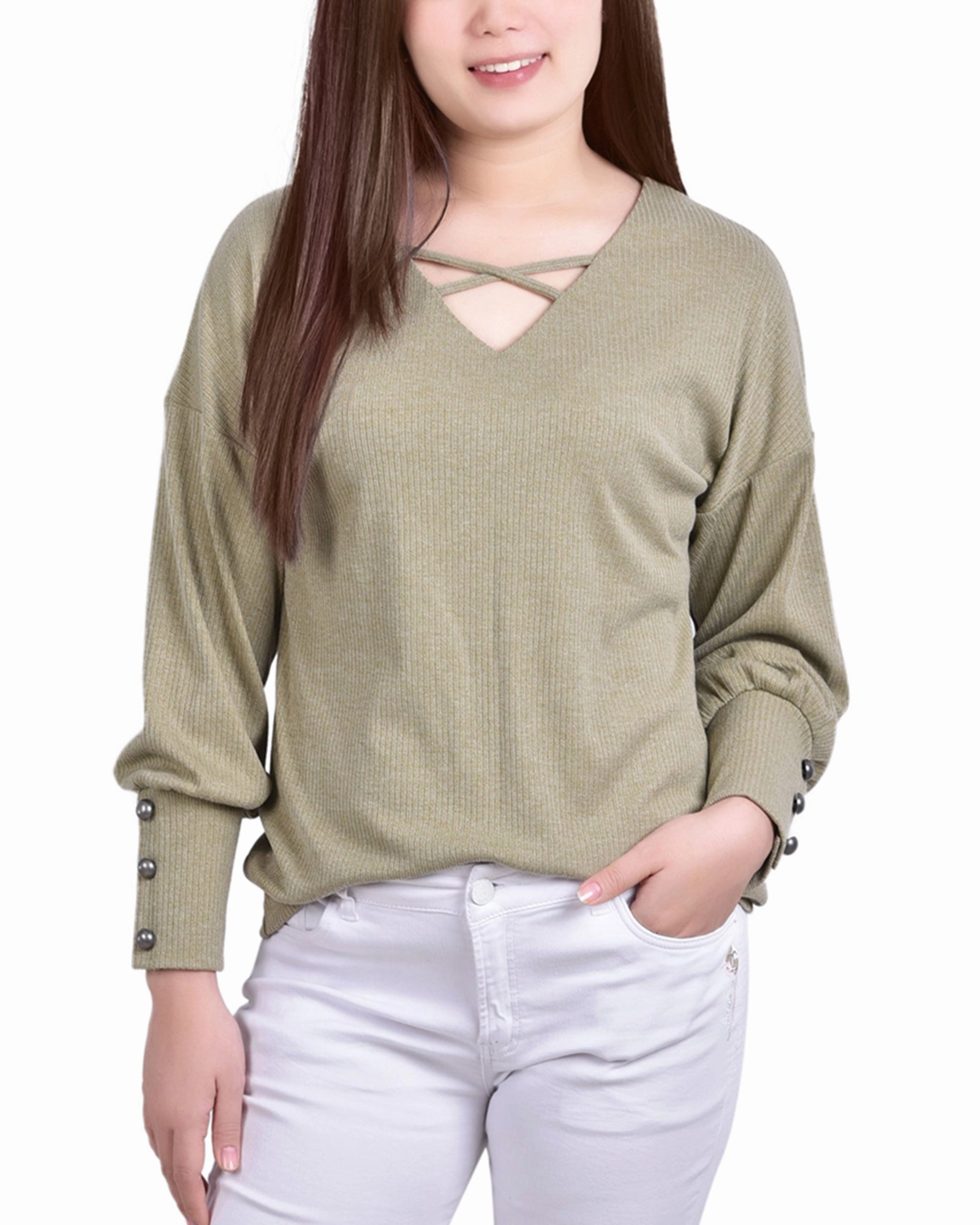 Petite Long Sleeve Criss Cross Neck Pullover Top MultiLayer Stitching