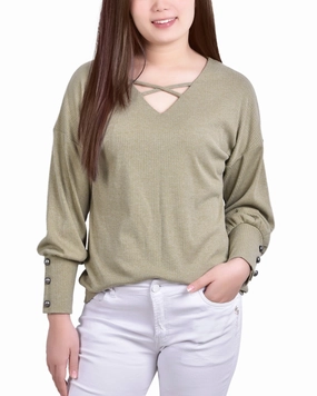 Petite Long Sleeve Criss Cross Neck Pullover Top MultiLayer Stitching
